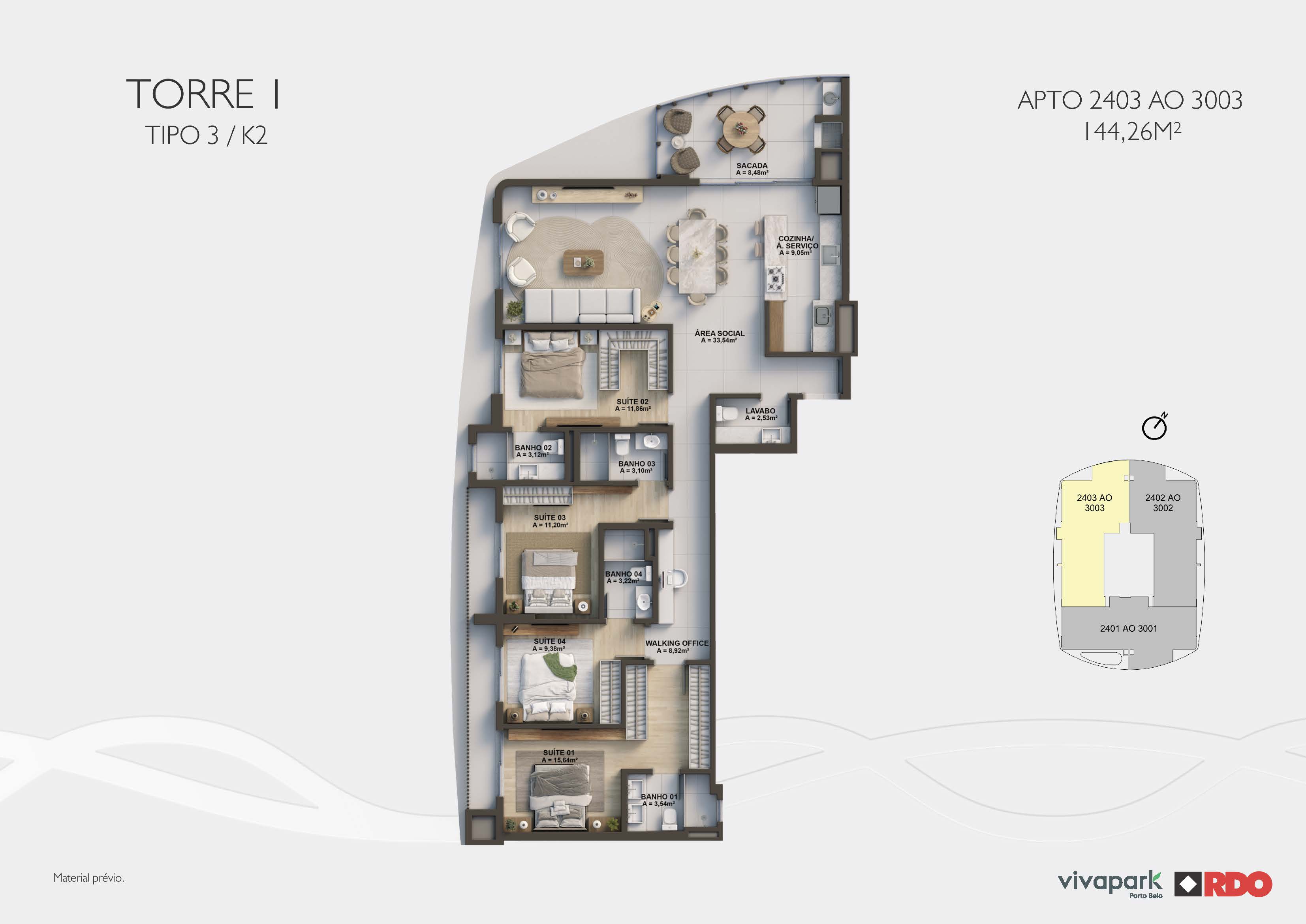 Torre 1 · Tipo 3 K2 · 2403 ao 3003 · 144,26 m²