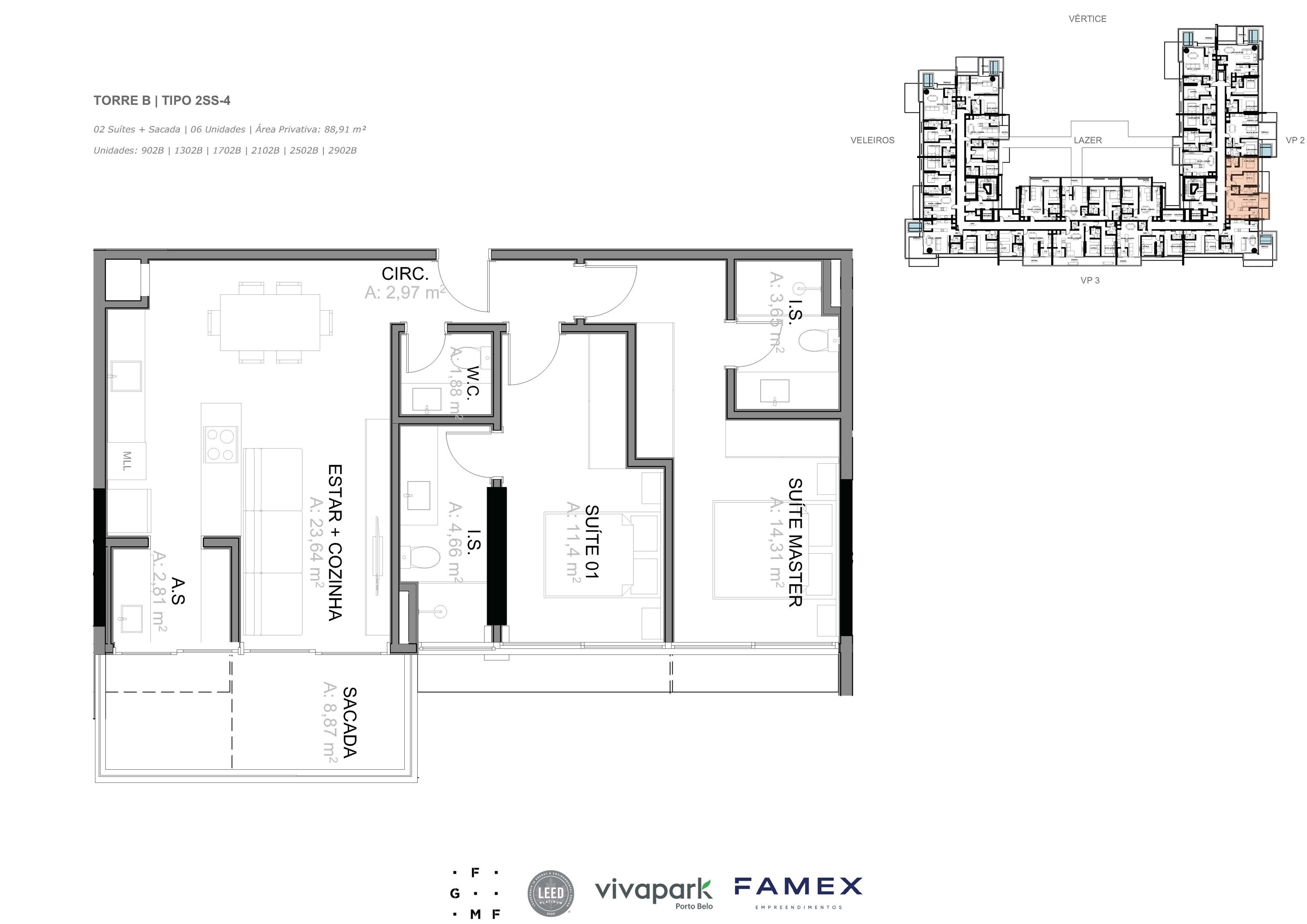 Torre B · Tipo 2SS-4 · 02 Suítes + Sacada · 88,91 m²