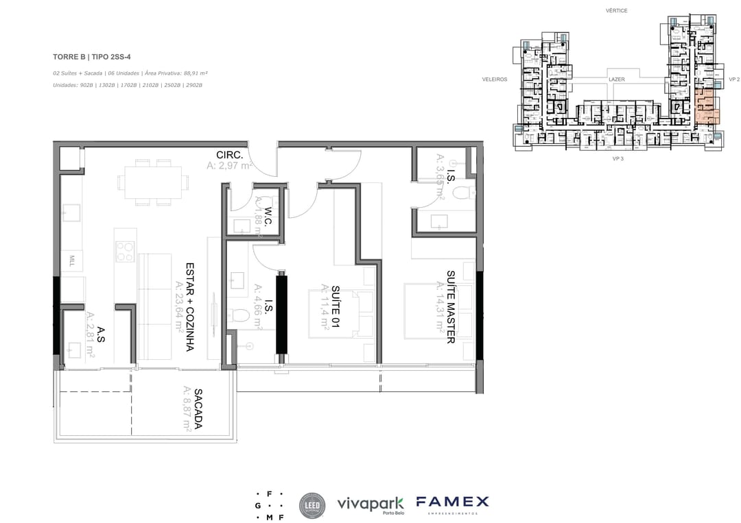 Torre B · Tipo 2SS-4 · 02 Suítes + Sacada · 88,91 m² · VITTA 27 · Vivapark Porto Belo