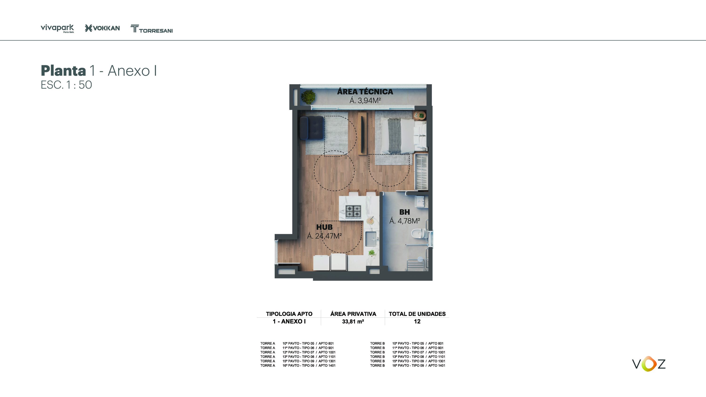 Planta 1 Anexo I · 33,81 m² · Torres A e B: 801, 901, 1001, 1101, 1301, 1401 · Voz · Vivapark Porto Belo