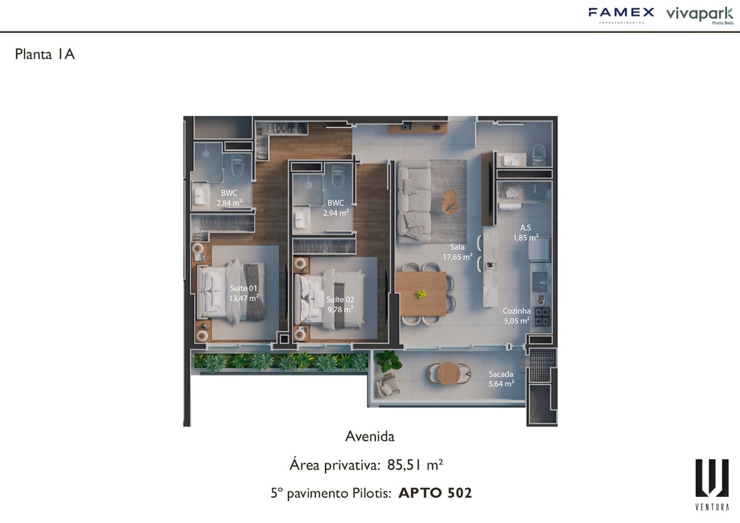 Planta 1A · Apto 502 (5º pav. pilotis) · 85,51 m² · Ventura · Vivapark Porto Belo