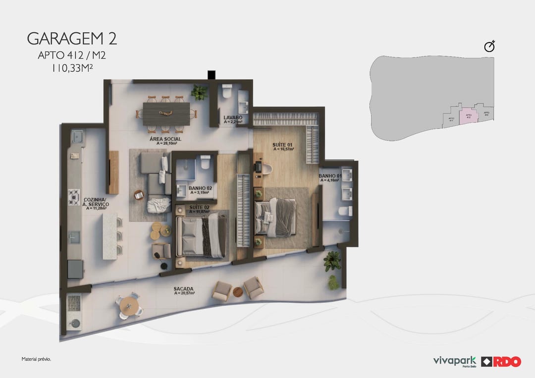 Apt 412 · Garage 2 · M2 · 110.33 m² · Valence · Vivapark Porto Belo