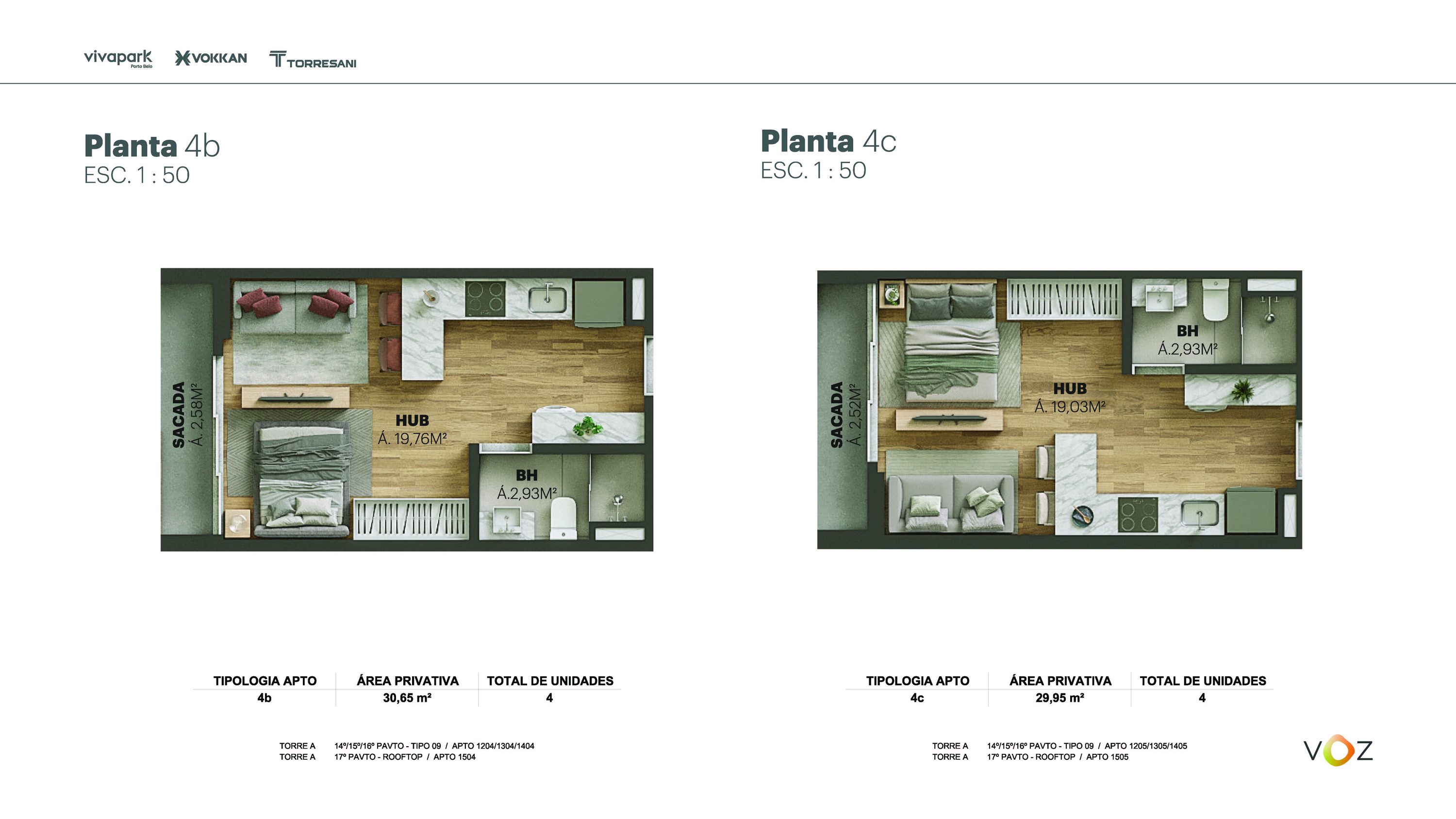 Plantas 4b e 4c · 30,65 / 29,95 m² · A: 1204, 1304, 1404, 1504 · A: 1205, 1305, 1405, 1505 · Voz · Vivapark Porto Belo