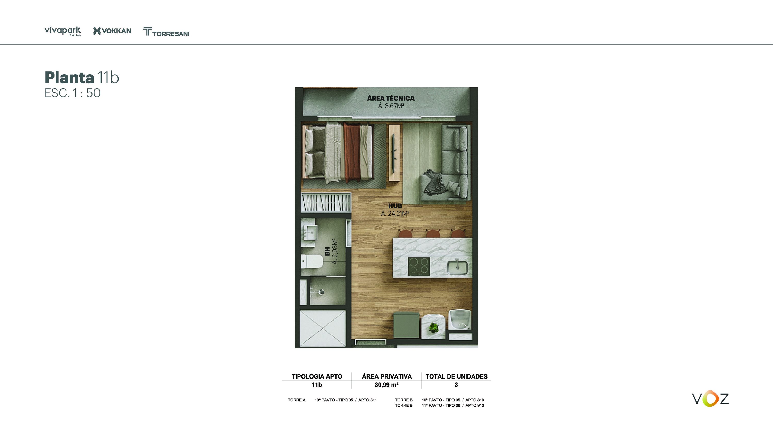 Planta 11b · 30,99 m² · A: 811 · B: 810, 910 · Voz · Vivapark Porto Belo