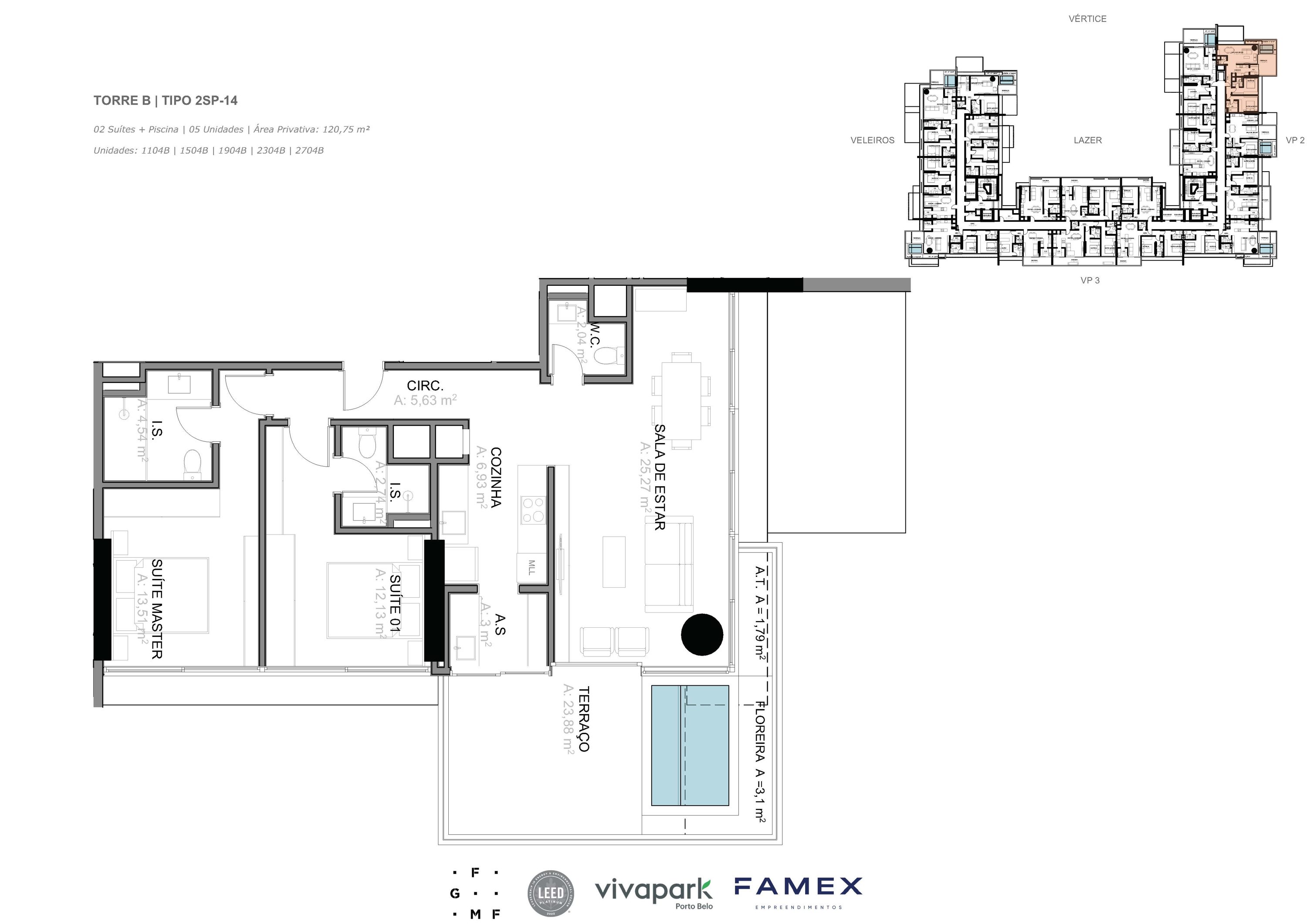 Torre B · Tipo 2SP-14 · 02 Suítes + Piscina · 120,75 m²