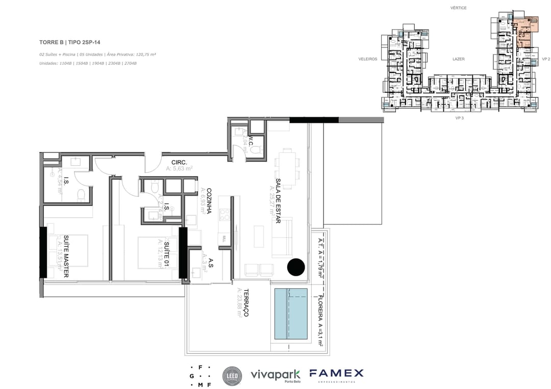 Torre B · Tipo 2SP-14 · 02 Suítes + Piscina · 120,75 m² · VITTA 27 · Vivapark Porto Belo