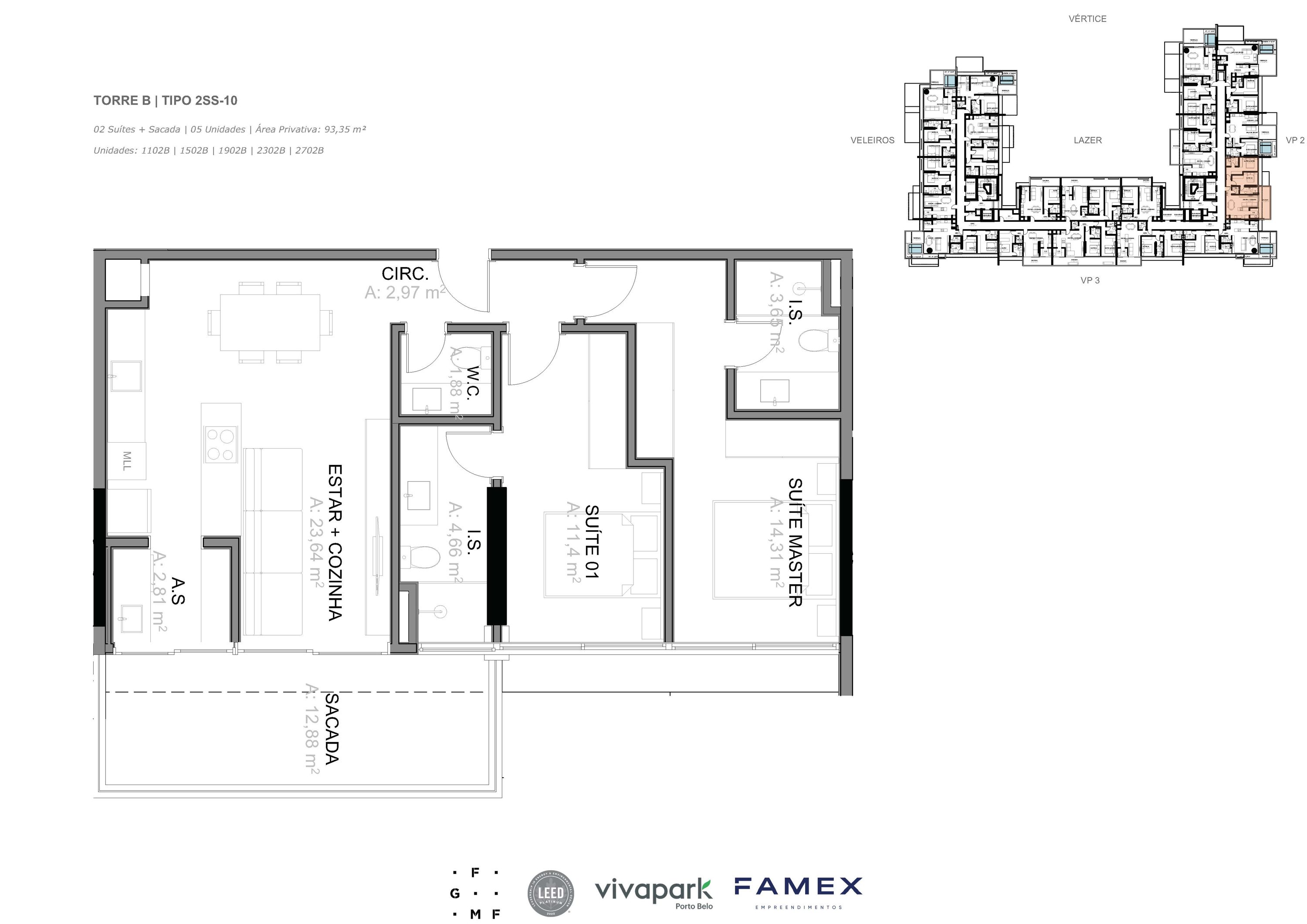 Torre B · Tipo 2SS-10 · 02 Suítes + Sacada · 93,35 m²