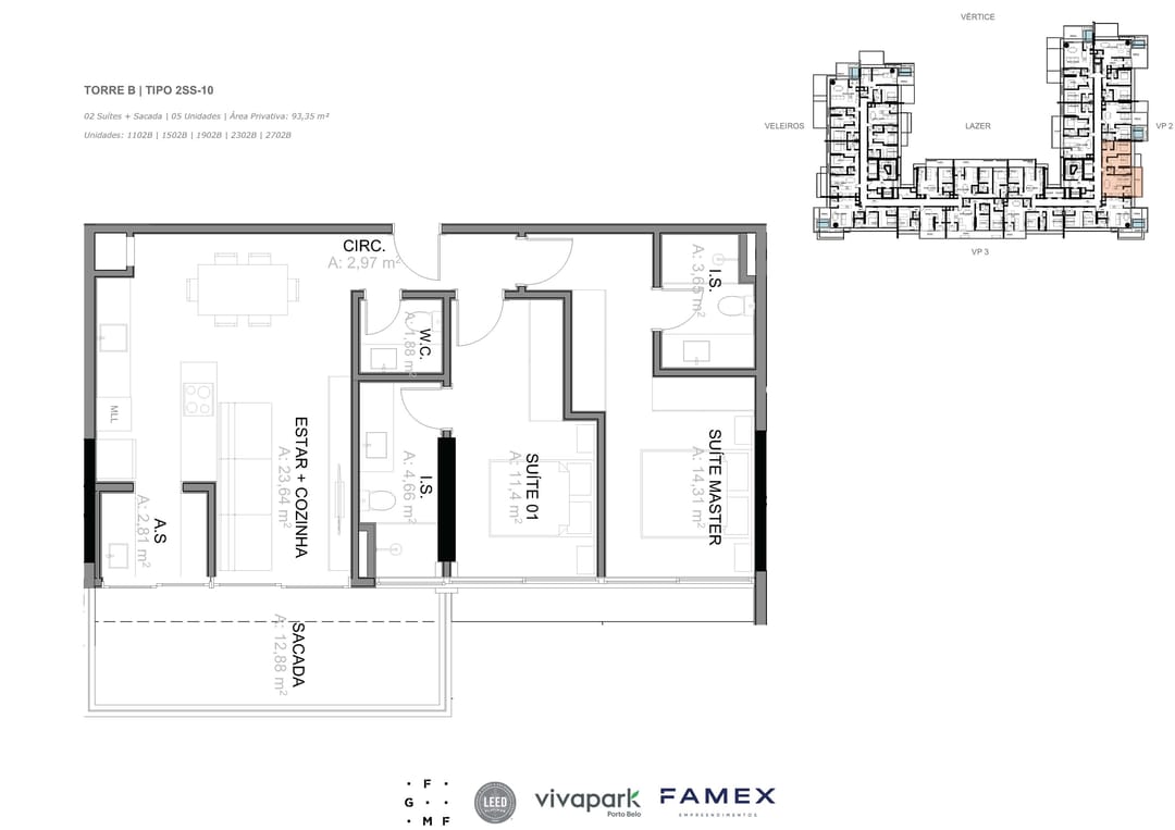 Torre B · Tipo 2SS-10 · 02 Suítes + Sacada · 93,35 m² · VITTA 27 · Vivapark Porto Belo