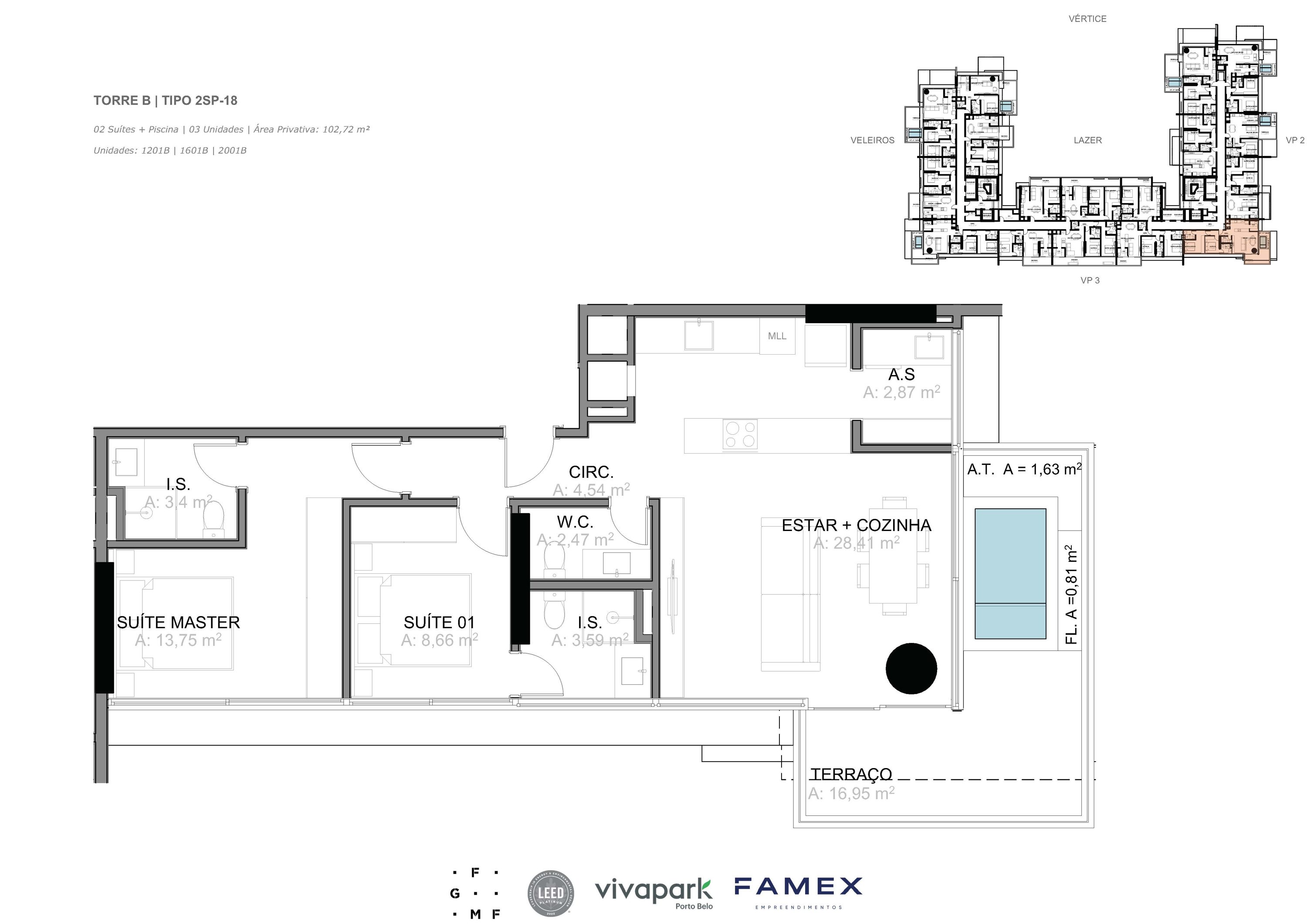 Torre B · Tipo 2SP-18 · 02 Suítes + Piscina · 102,72 m²