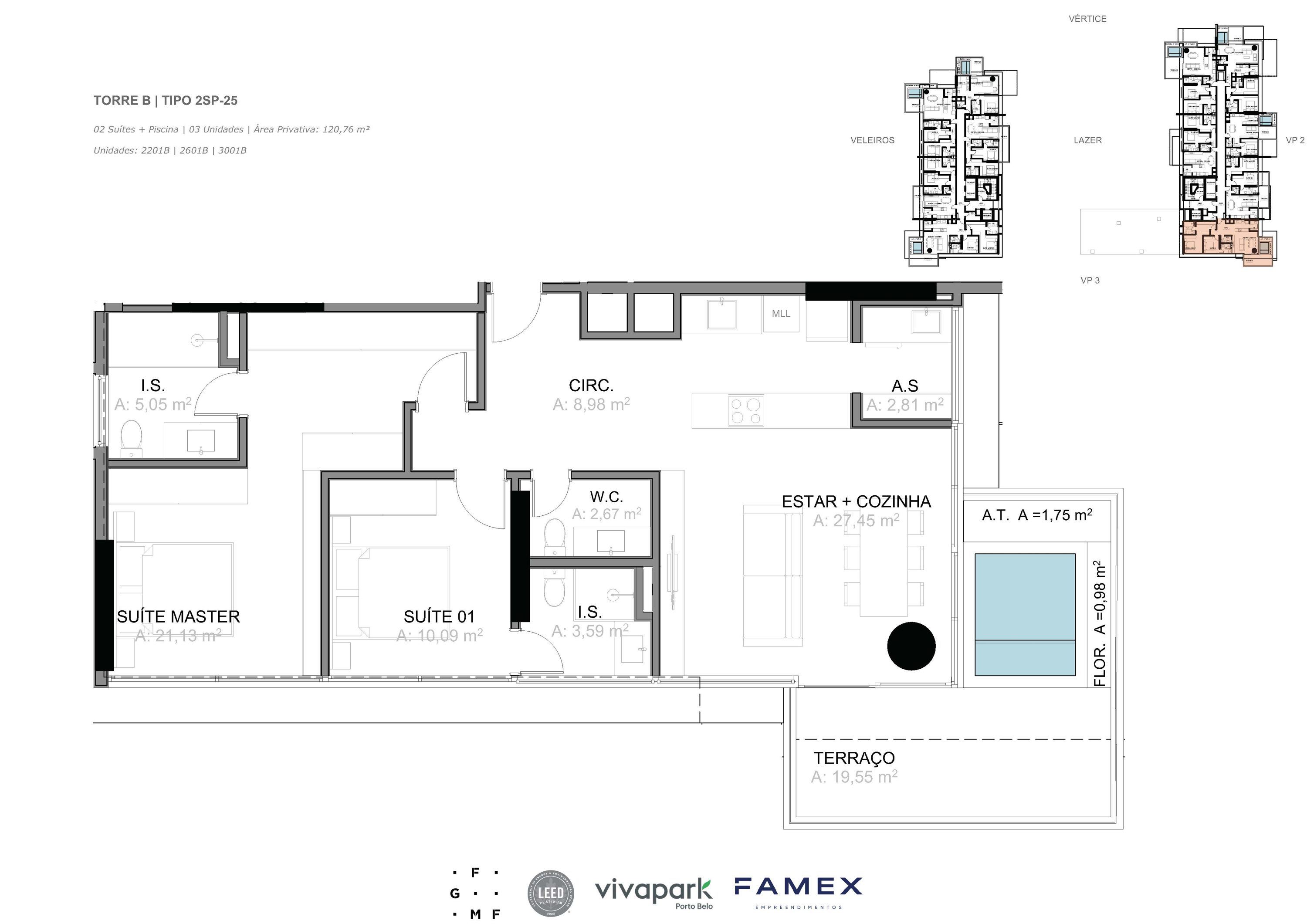 Torre B · Tipo 2SP-25 · 02 Suítes + Piscina · 120,76 m²
