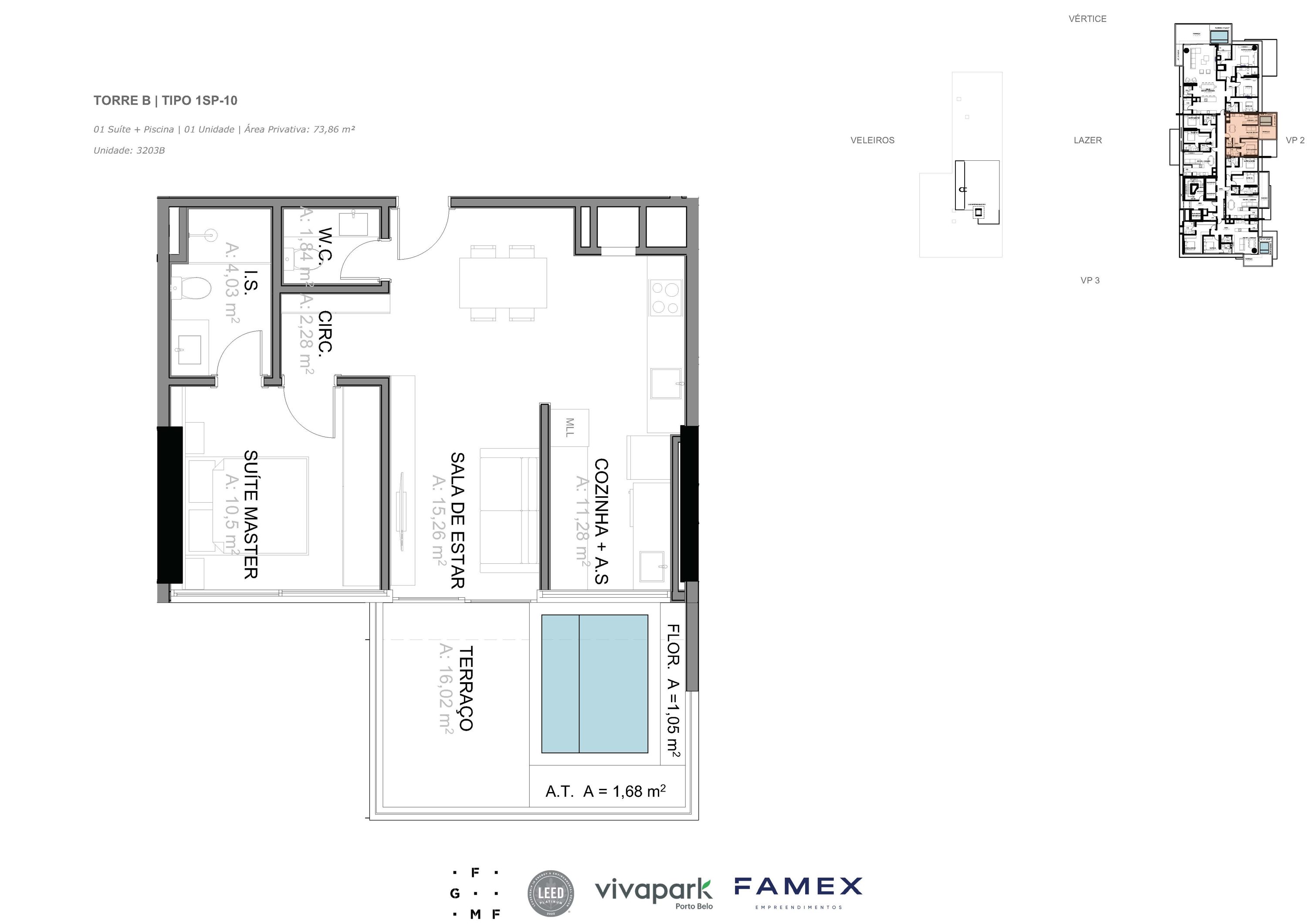 Torre B · Tipo 1SP-10 · 01 Suíte + Piscina · 73,86 m²