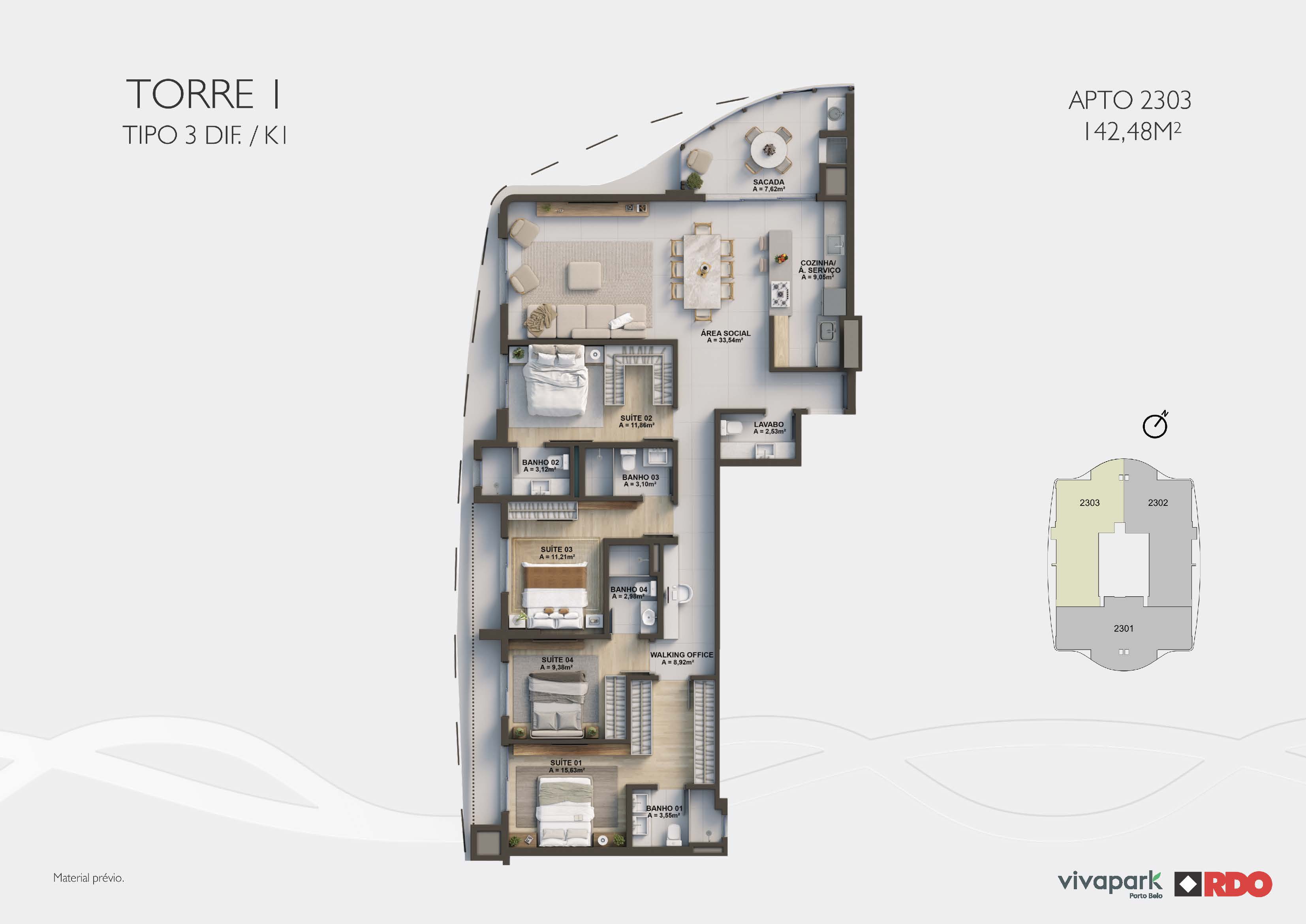 Torre 1 · Tipo 3 dif. K1 · Apto 2303 · 142,48 m²