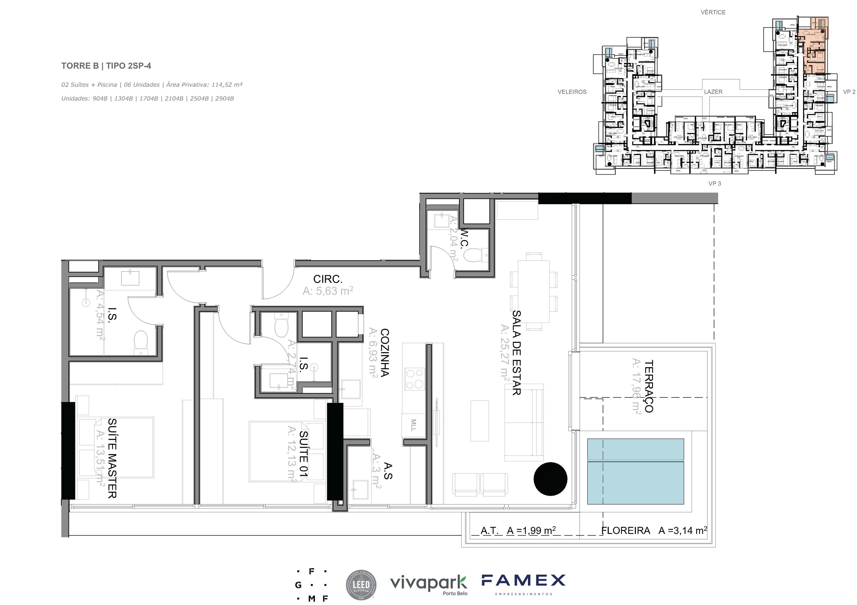 Torre B · Tipo 2SP-4 · 02 Suítes + Piscina · 114,52 m²