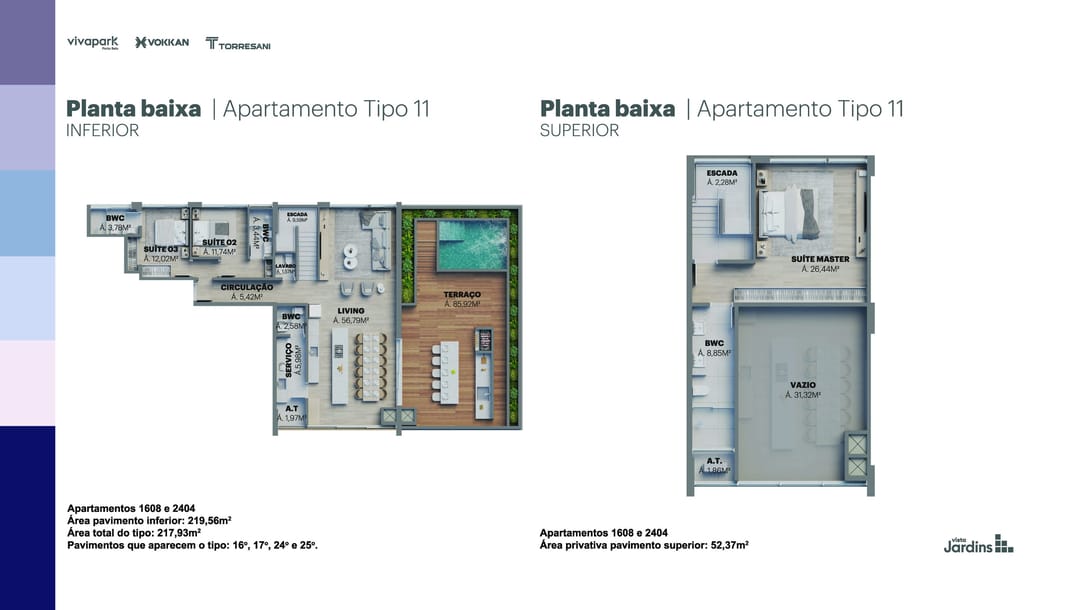 Tipo 11 · 217,93 m² · 1608, 2404 · Vista Jardins · Vivapark Porto Belo