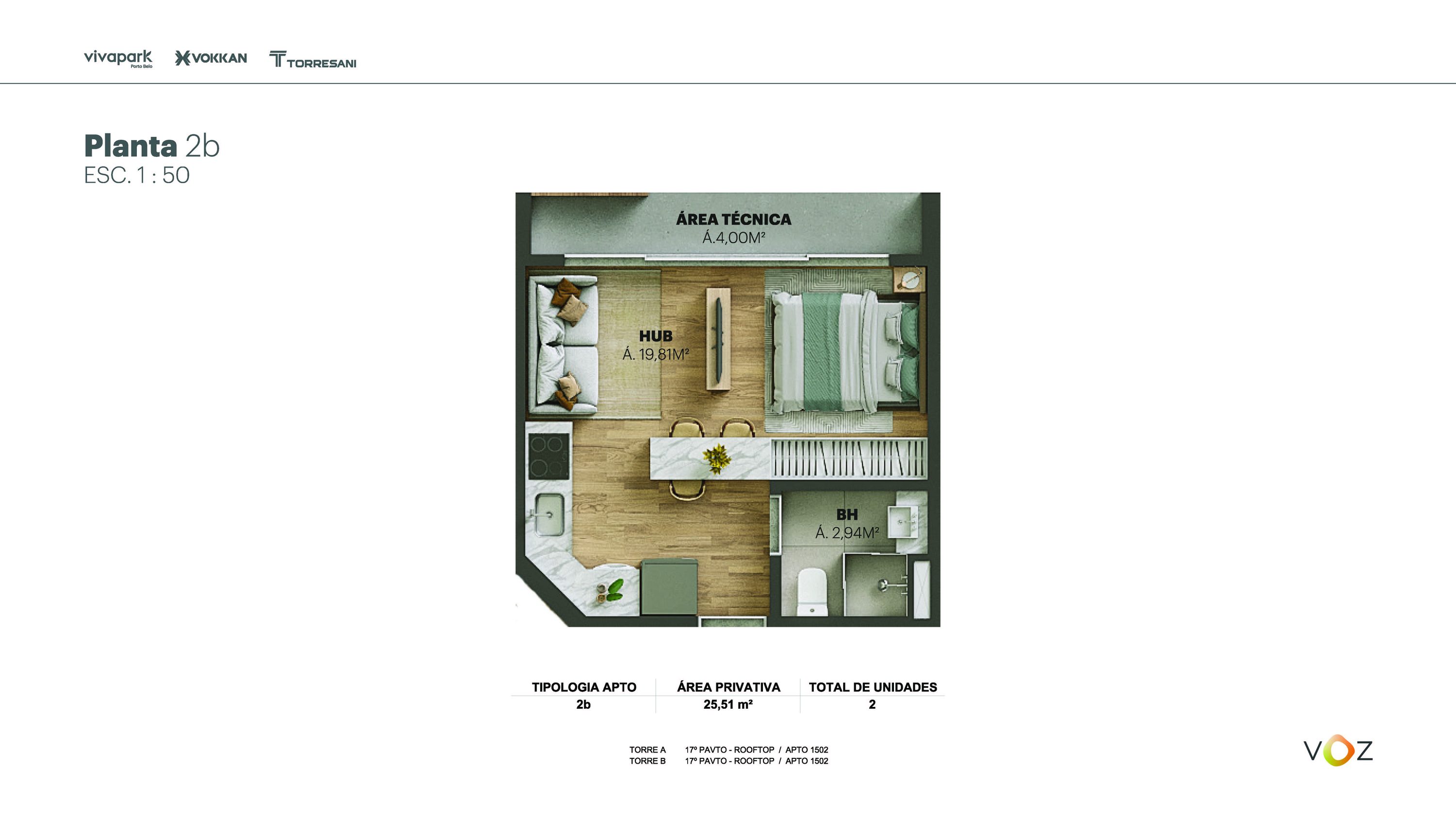 Planta 2b · 25,51 m² · Torres A e B: 1502 (rooftop) · Voz · Vivapark Porto Belo