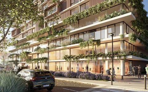 Fachada — térreo comercial com biofilia e pilares arredondados · Videiras · 601 · Vivapark Porto Belo