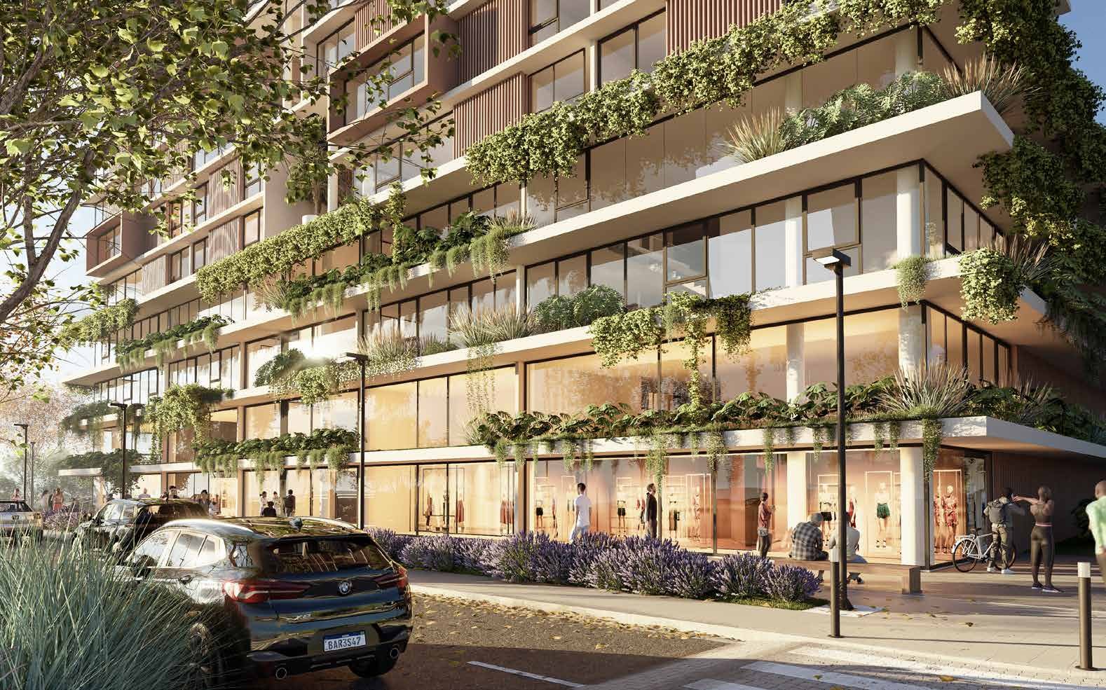 Fachada — térreo comercial com biofilia e pilares arredondados · Videiras · Vivapark Porto Belo