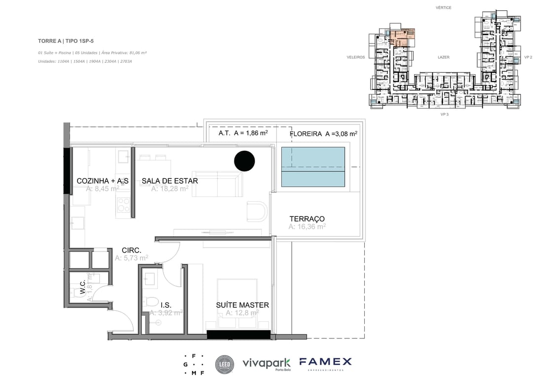 Torre A · Tipo 1SP-5 · 01 Suíte + Piscina · 81,06 m² · VITTA 27 · Vivapark Porto Belo