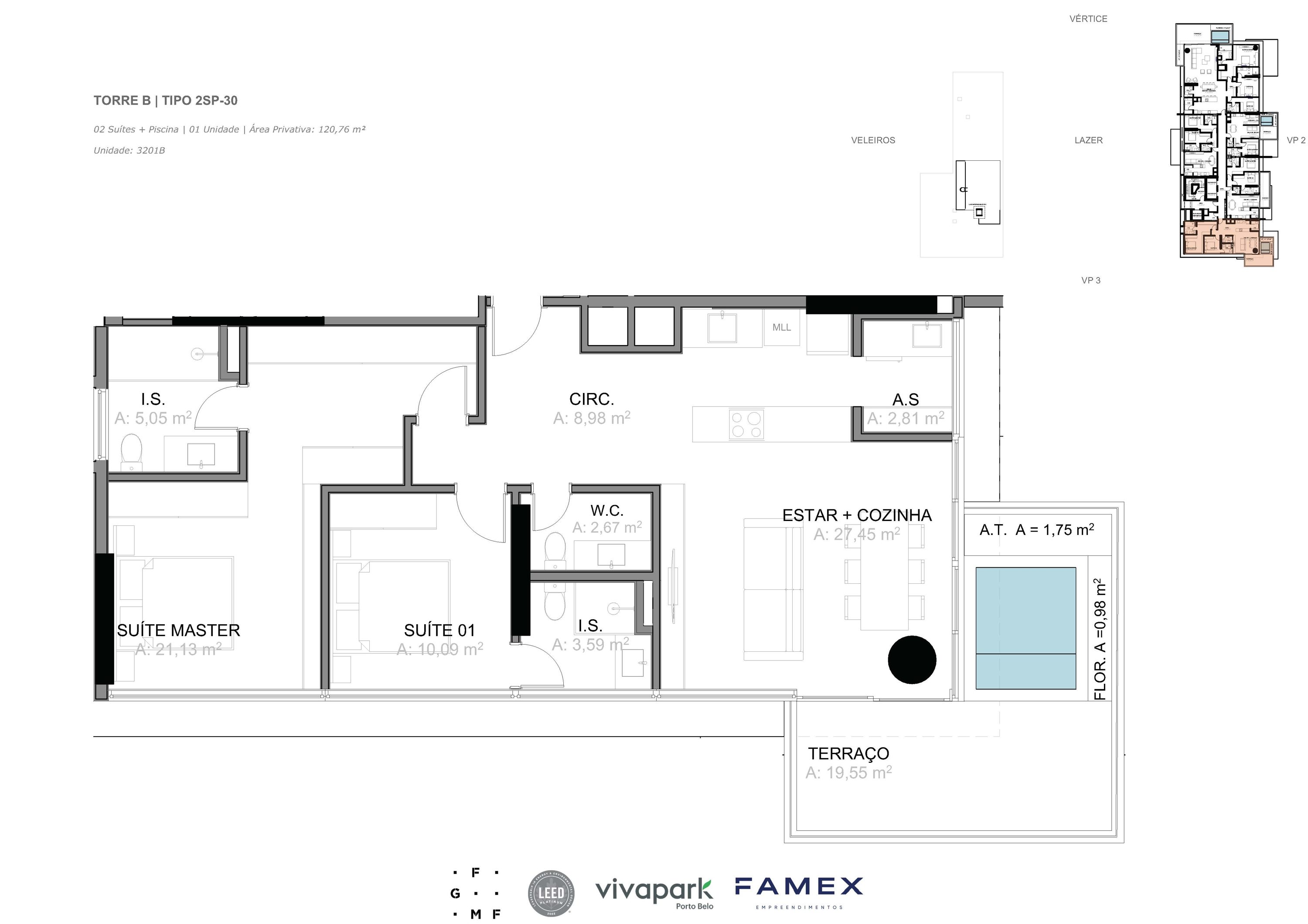 Torre B · Tipo 2SP-30 · 02 Suítes + Piscina · 120,76 m²