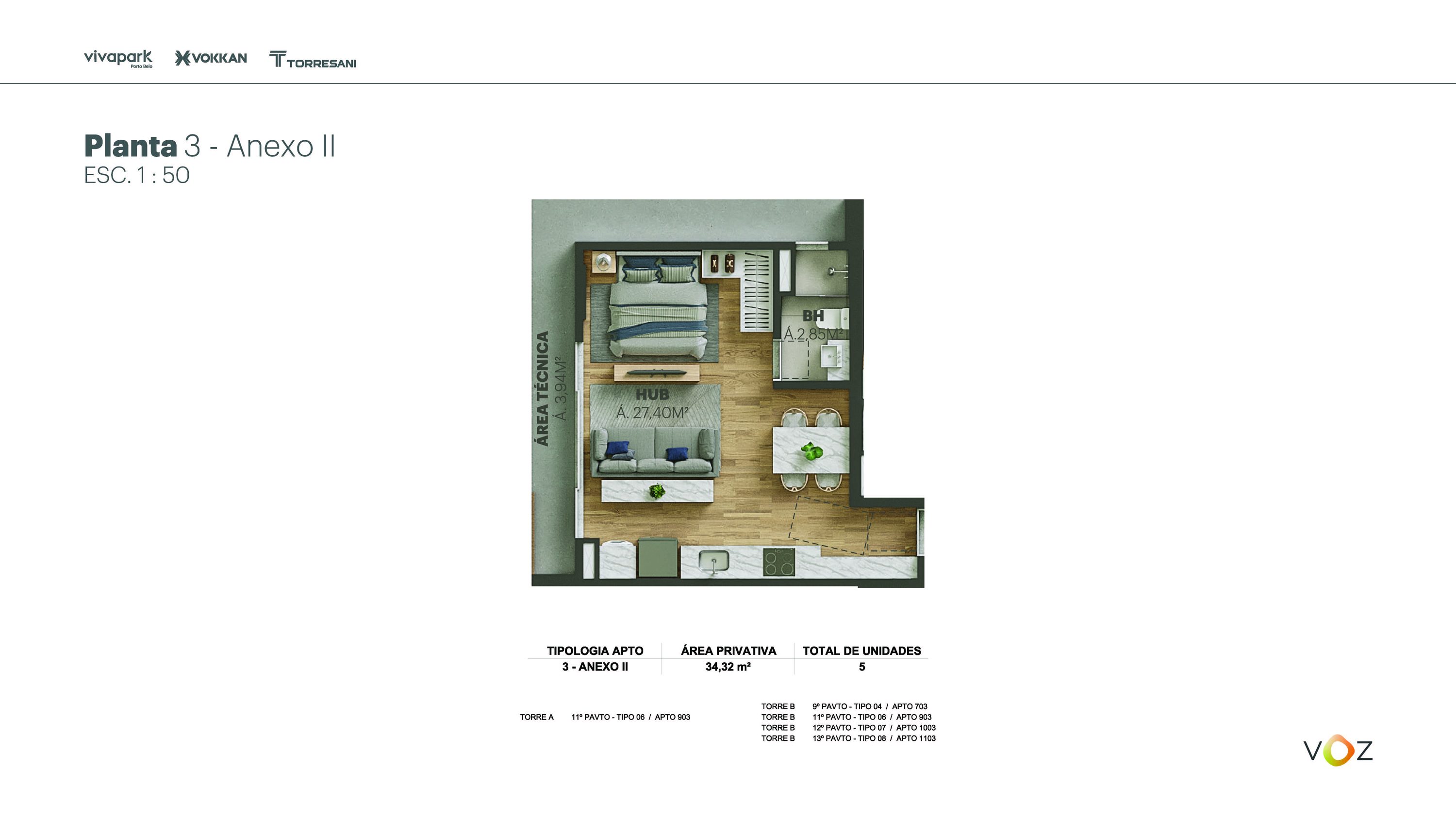 Planta 3 Anexo II · 34,32 m² · A: 903 · B: 703, 903, 1003, 1103 · Voz · Vivapark Porto Belo