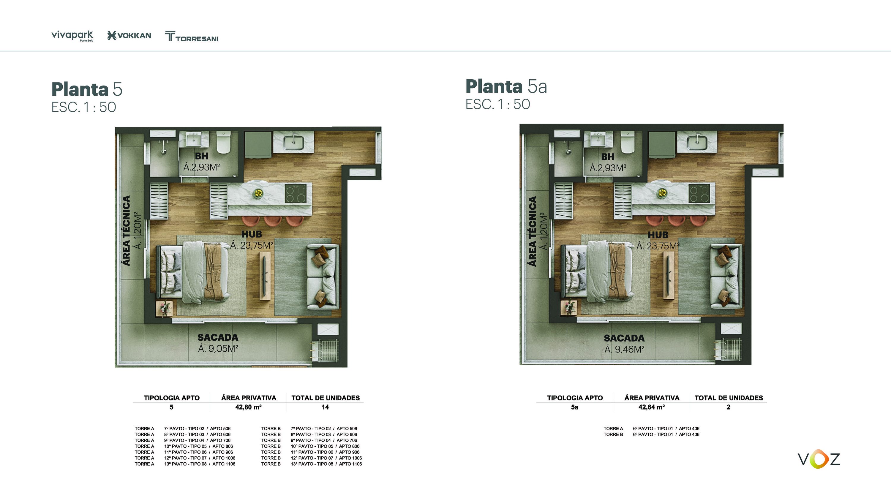 Plantas 5 e 5a · 42,80 / 42,64 m² · A e B: 506 ao 1106 · A e B: 406 · Voz · Vivapark Porto Belo