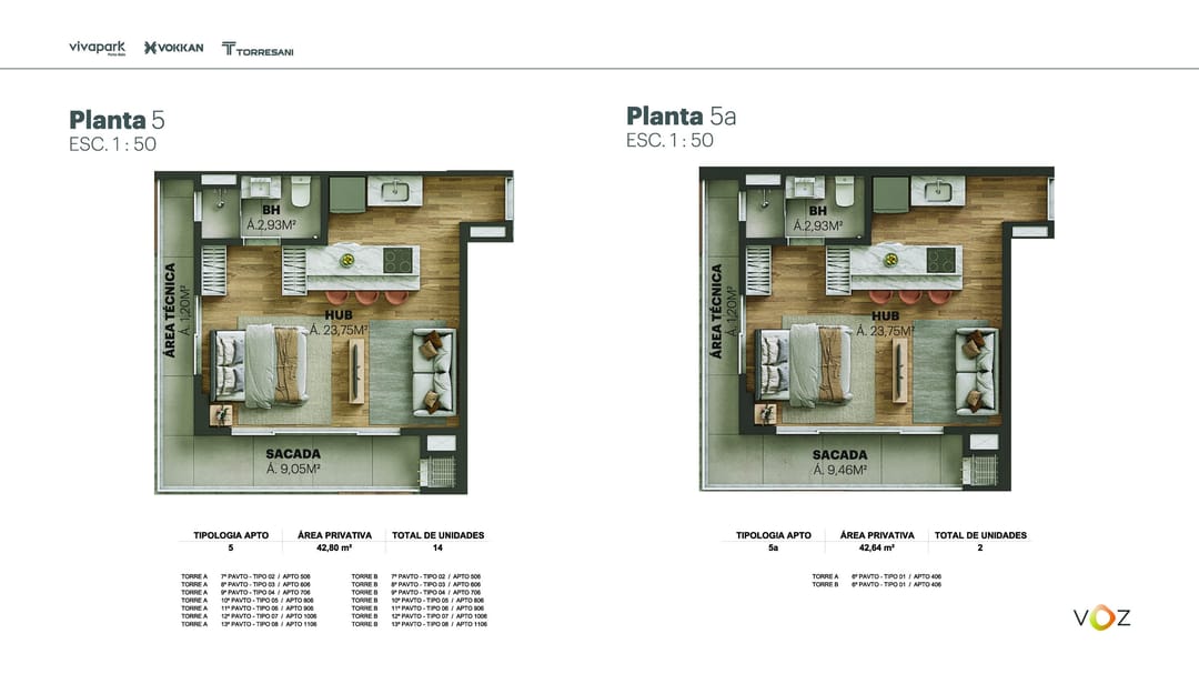 Plantas 5 e 5a · 42,80 / 42,64 m² · A e B: 506 ao 1106 · A e B: 406 · Voz · Vivapark Porto Belo