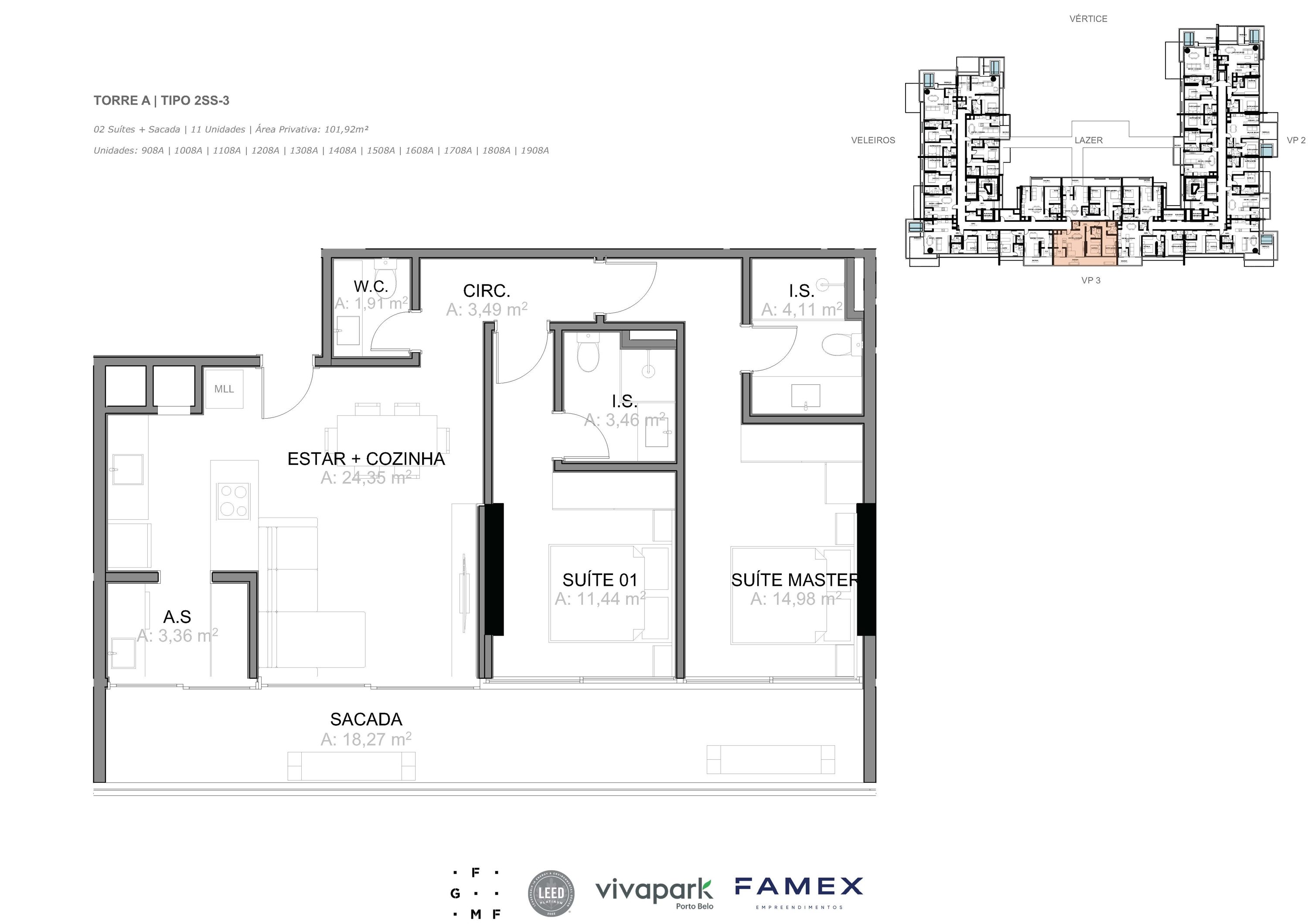 Torre A · Tipo 2SS-3 · 02 Suítes + Sacada · 101,92 m²