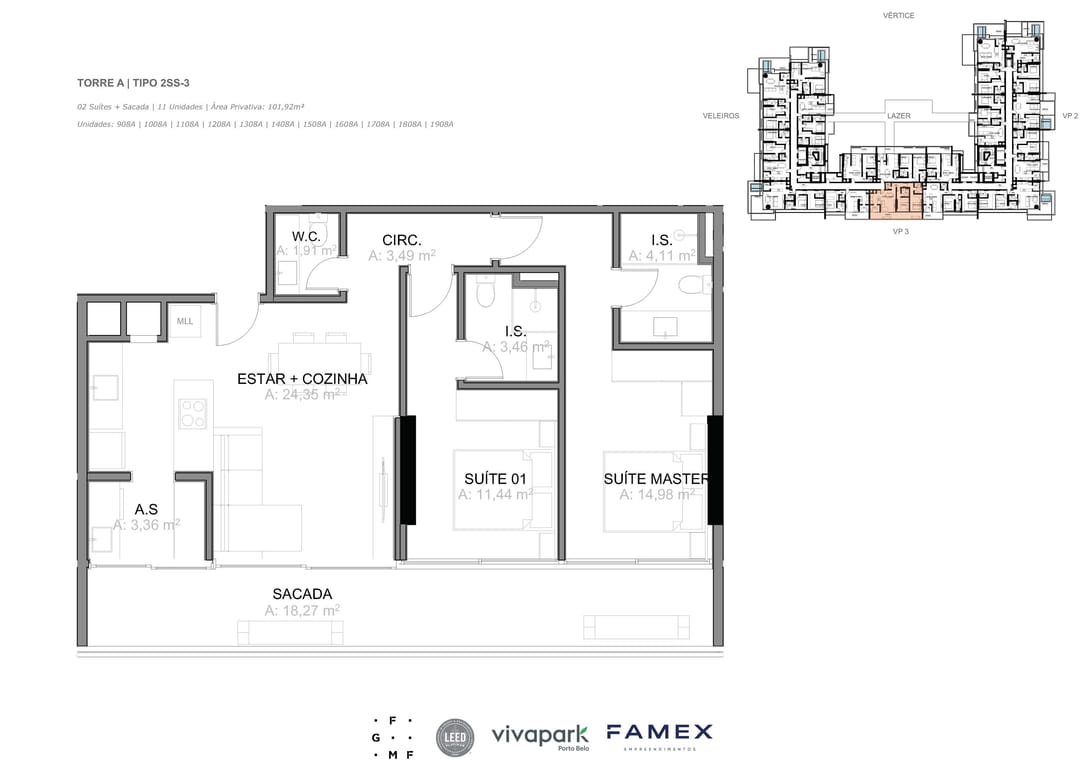Torre A · Tipo 2SS-3 · 02 Suítes + Sacada · 101,92 m² · VITTA 27 · Vivapark Porto Belo