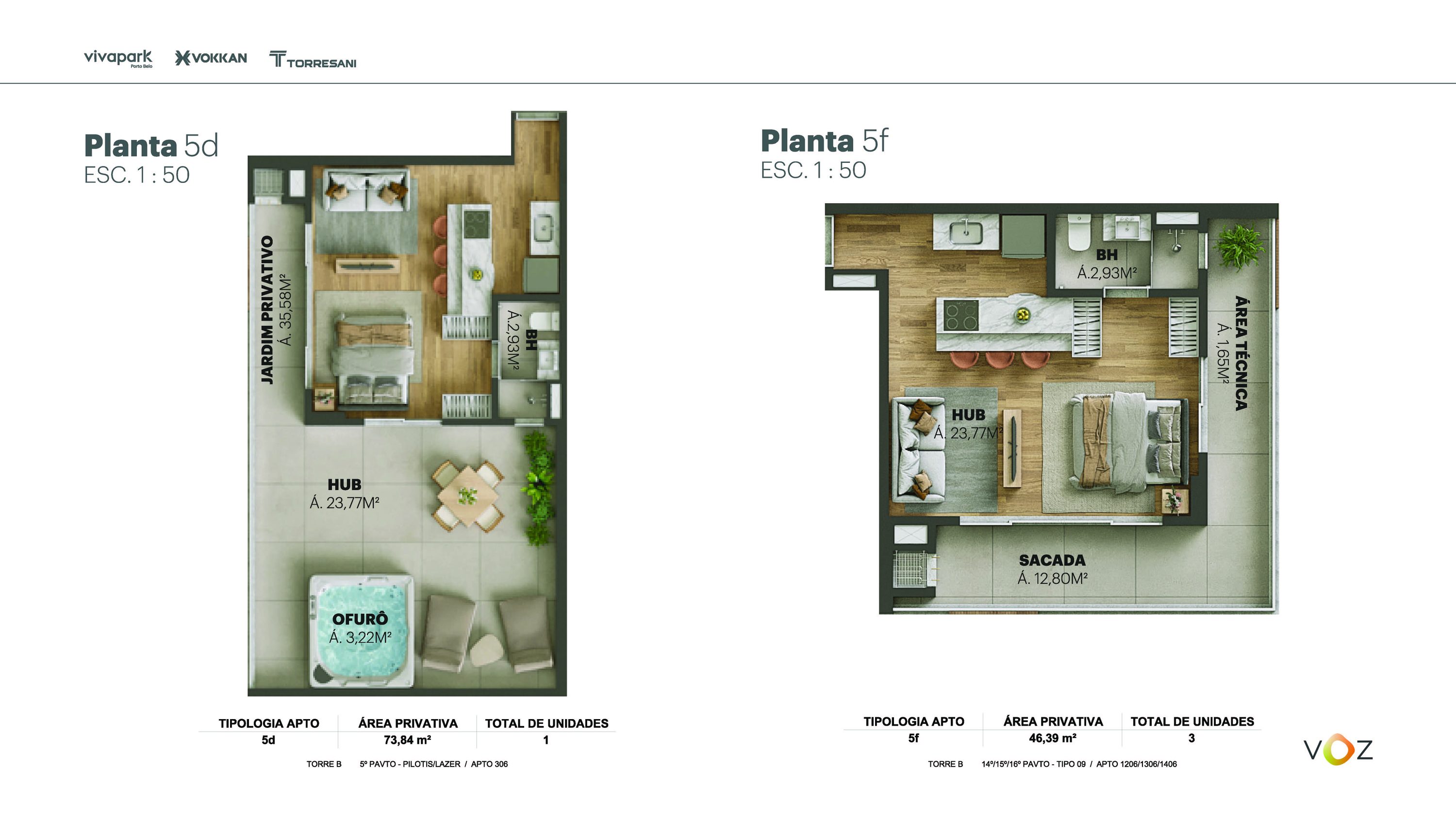 Plantas 5d e 5f · 73,84 / 46,39 m² · B: 306 · B: 1206, 1306, 1406 · Voz · Vivapark Porto Belo