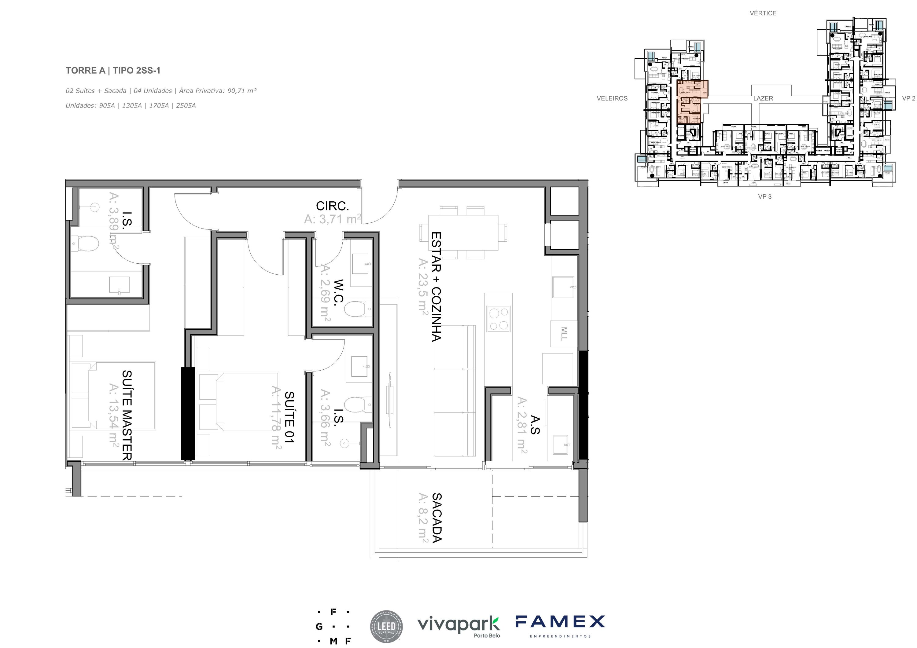 Torre A · Tipo 2SS-1 · 02 Suítes + Sacada · 90,71 m²