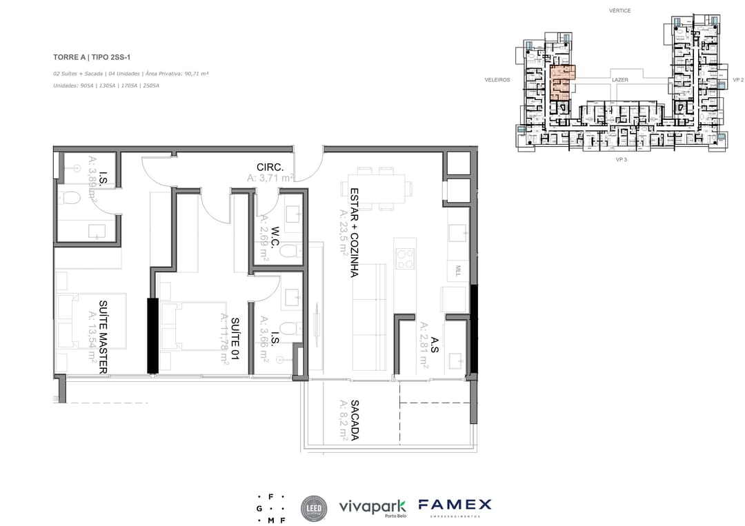 Torre A · Tipo 2SS-1 · 02 Suítes + Sacada · 90,71 m² · VITTA 27 · Vivapark Porto Belo