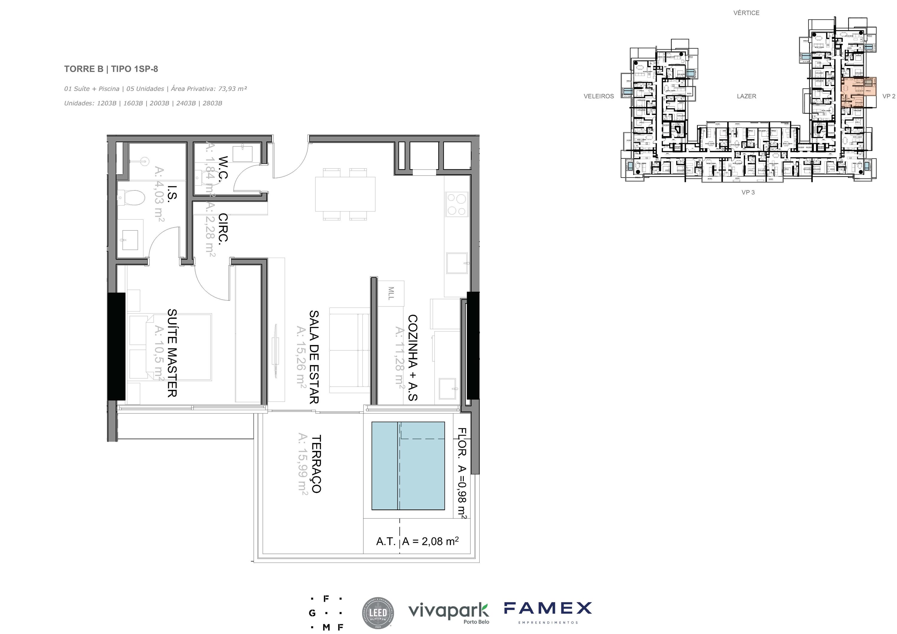 Torre B · Tipo 1SP-8 · 01 Suíte + Piscina · 73,93 m²