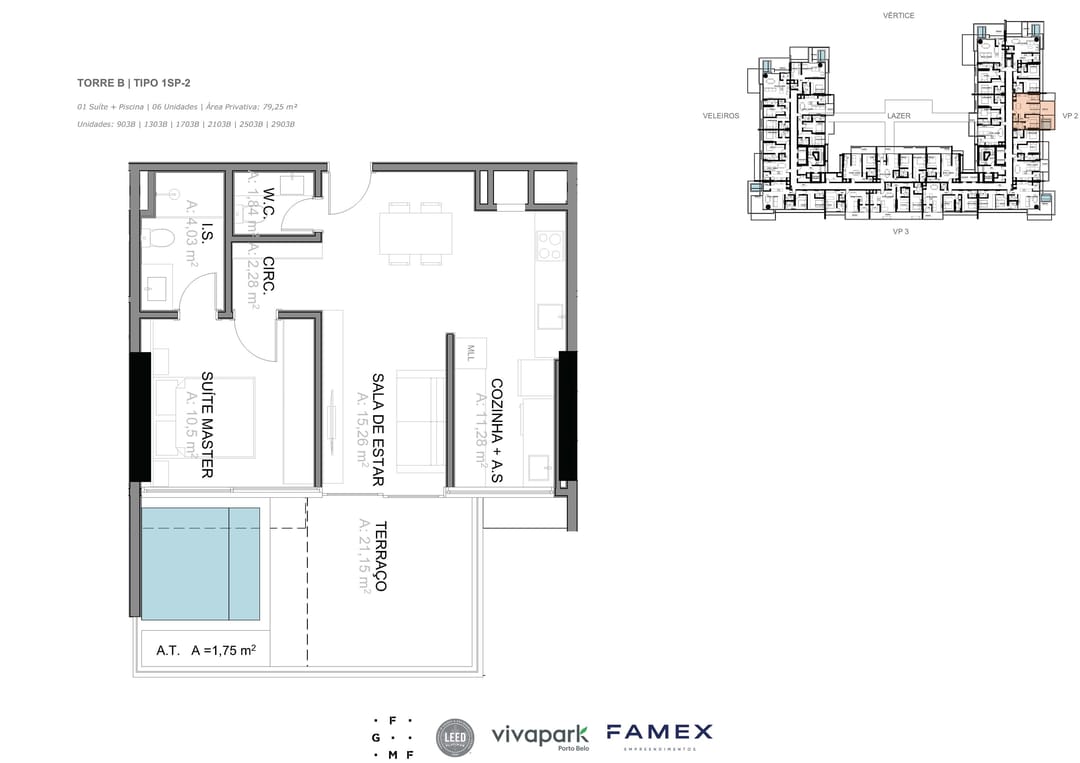 Torre B · Tipo 1SP-2 · 01 Suíte + Piscina · 79,25 m² · VITTA 27 · Vivapark Porto Belo