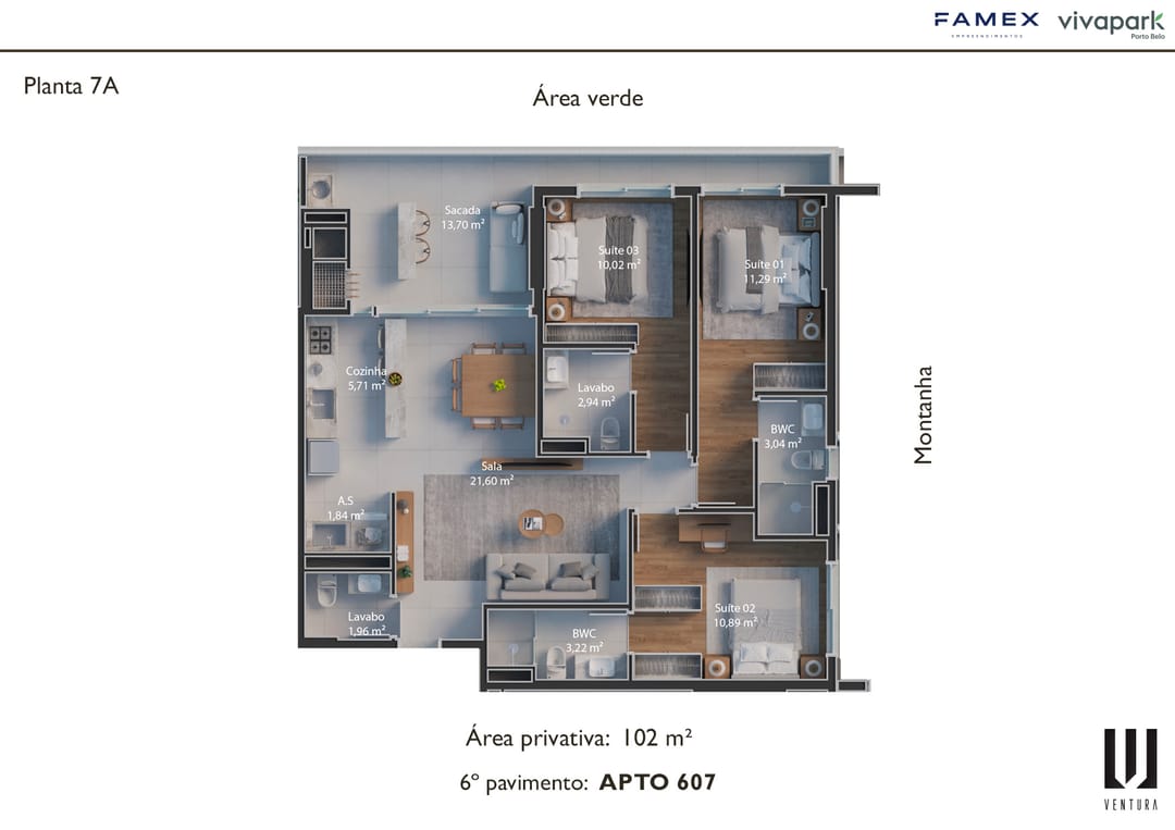 Planta 7A · Apto 607 · 102 m² · Ventura · Vivapark Porto Belo