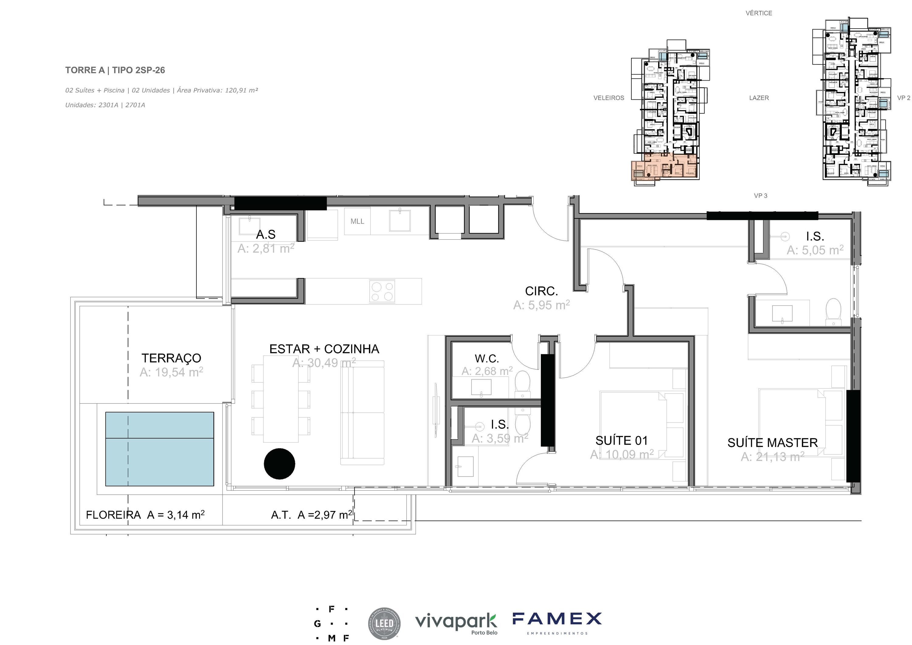 Torre A · Tipo 2SP-26 · 02 Suítes + Piscina · 120,91 m²