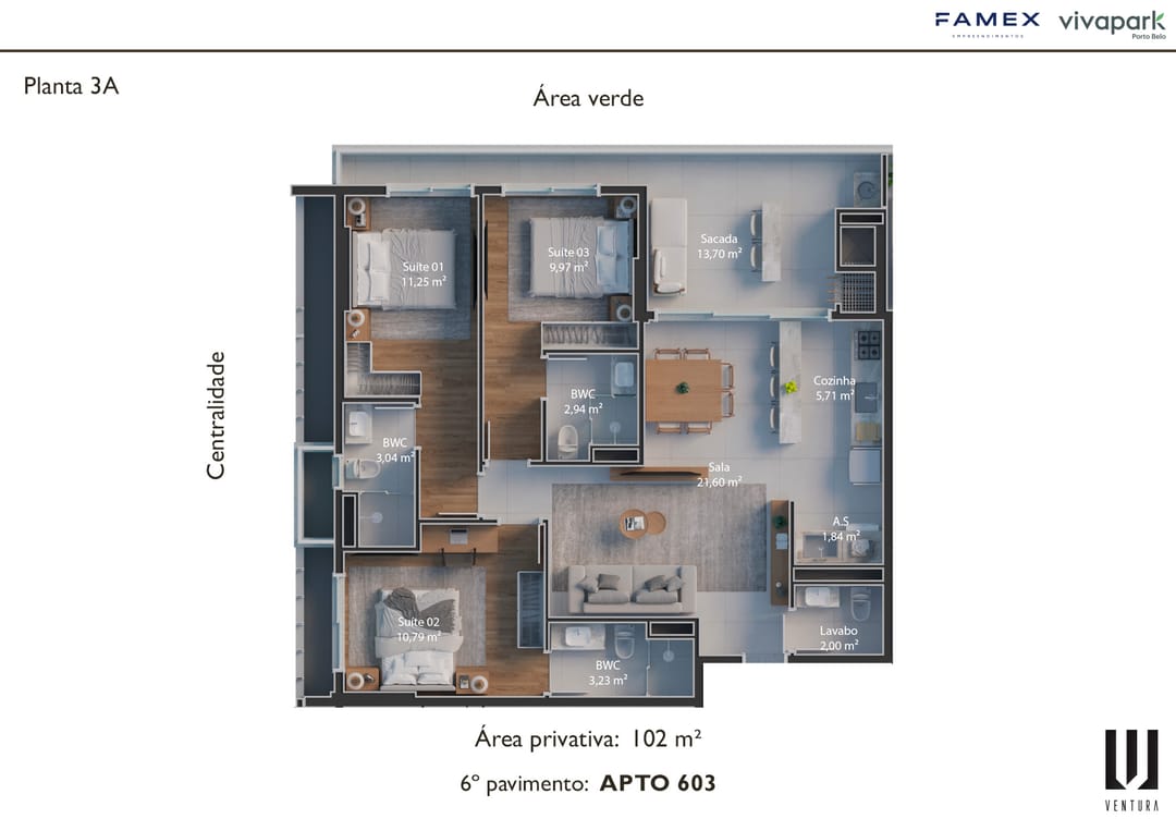 Planta 3A · Apto 603 · 102 m² · Ventura · Vivapark Porto Belo