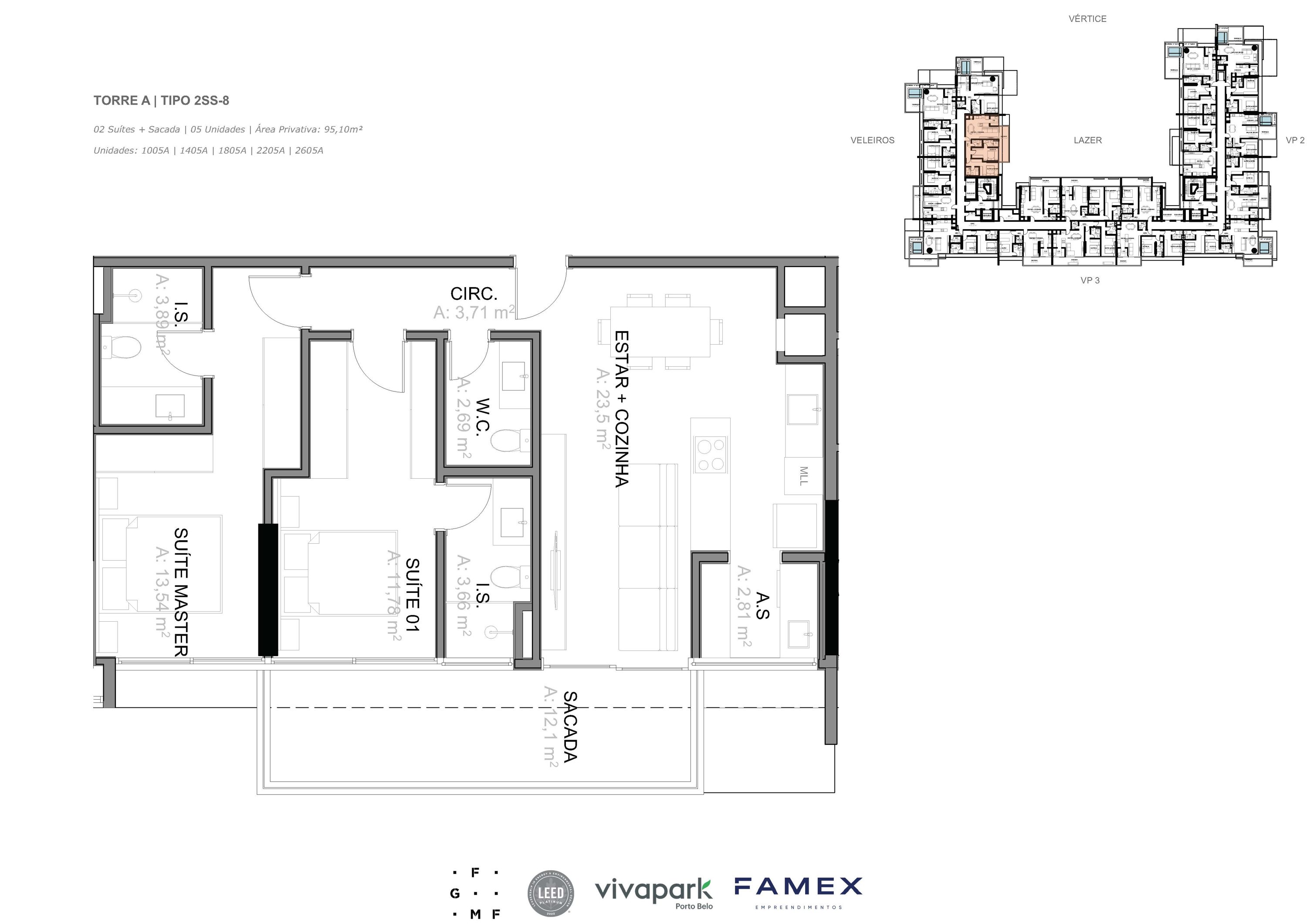 Torre A · Tipo 2SS-8 · 02 Suítes + Sacada · 95,10 m² · VITTA 27 · Vivapark Porto Belo