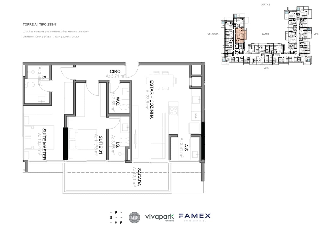 Torre A · Tipo 2SS-8 · 02 Suítes + Sacada · 95,10 m² · VITTA 27 · Vivapark Porto Belo