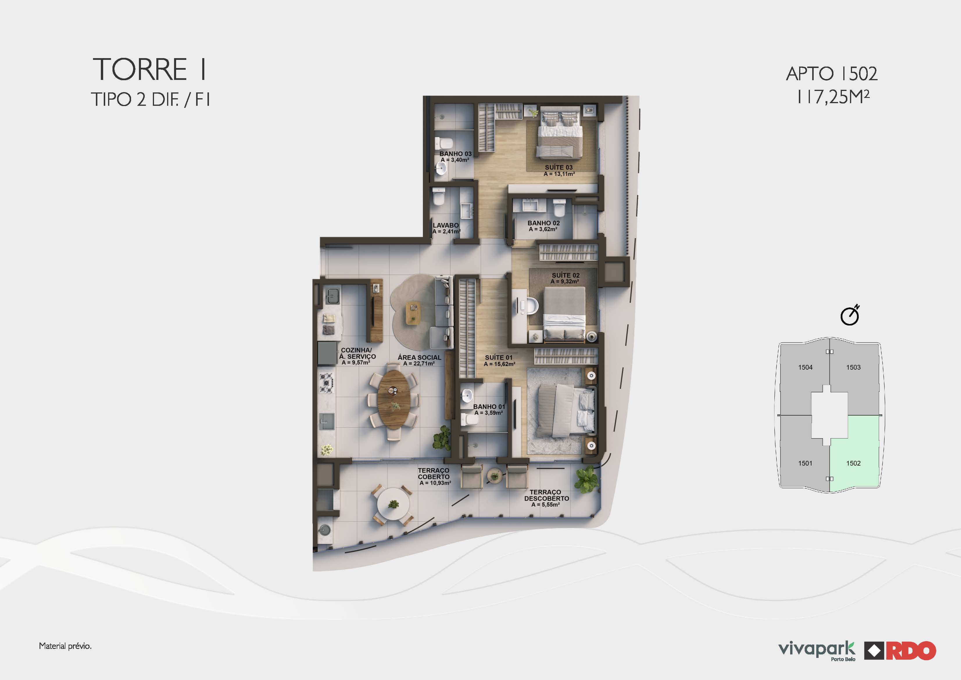 Torre 1 · Tipo 2 dif. F1 · Apto 1502 · 117,25 m²