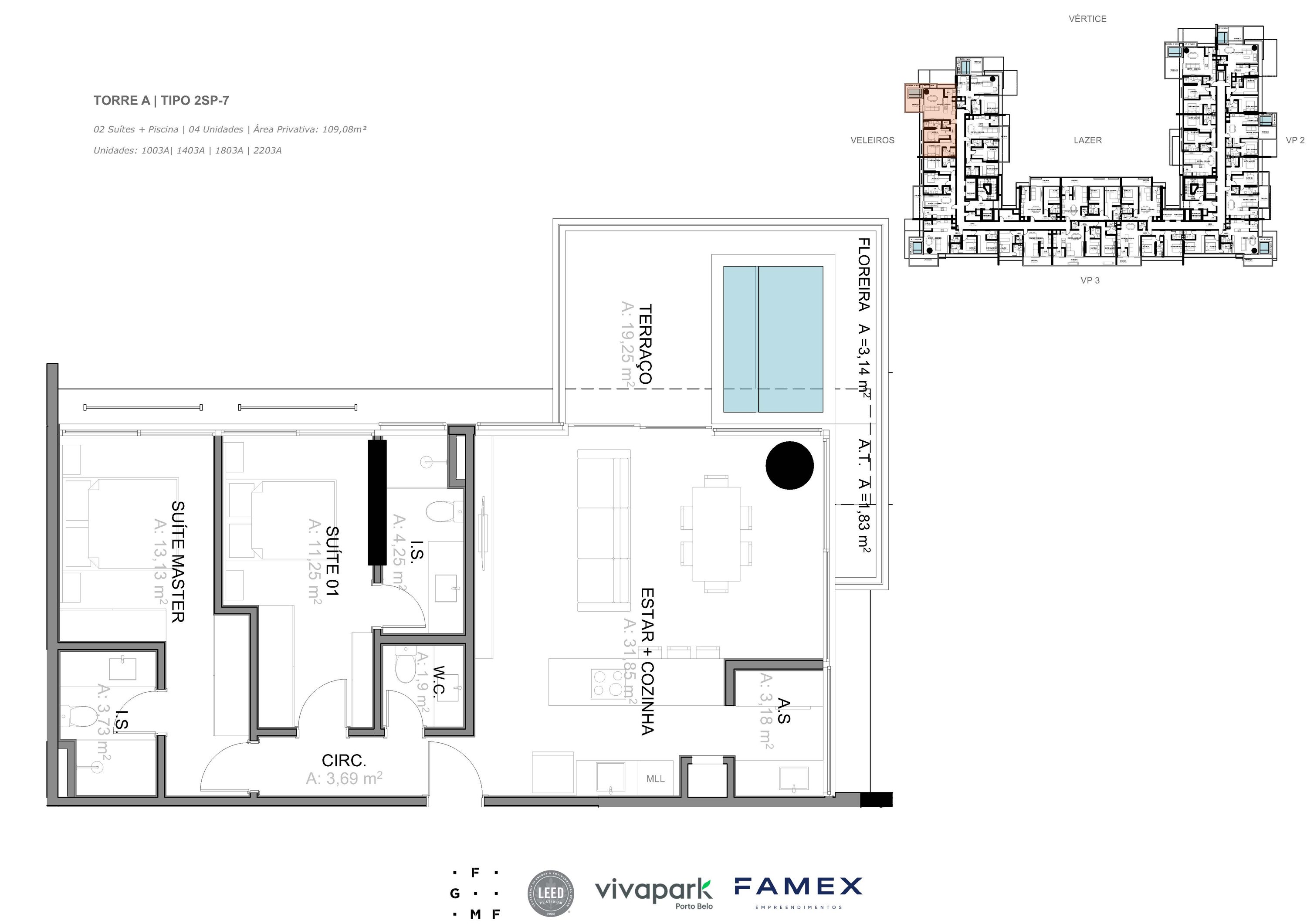 Torre A · Tipo 2SP-7 · 02 Suítes + Piscina · 109,08 m² · VITTA 27 · Vivapark Porto Belo