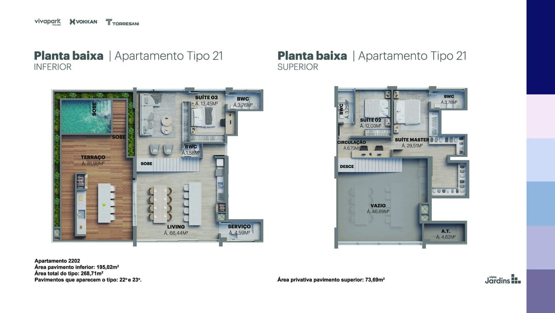 Tipo 21 · 268,71 m² · Apto 2202 (22º e 23º) · Vista Jardins · Vivapark Porto Belo