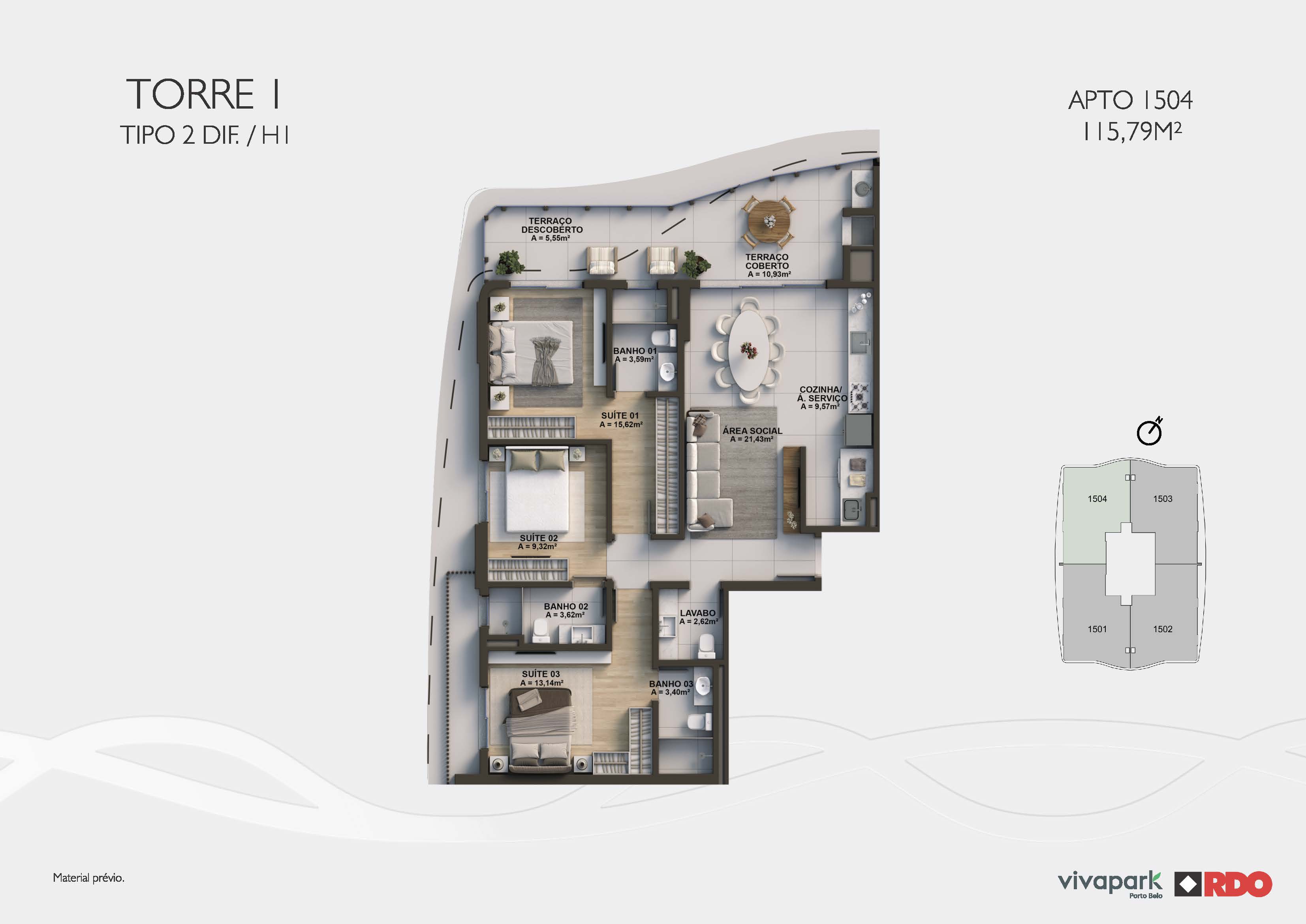 Torre 1 · Tipo 2 dif. H1 · Apto 1504 · 115,79 m²