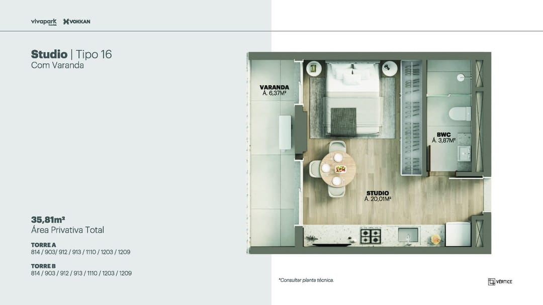Tipo 16 · Studio c/ varanda · 35,81 m² · A e B: 814, 903, 912, 913, 1110, 1203, 1209 · Vértice · Vivapark Porto Belo