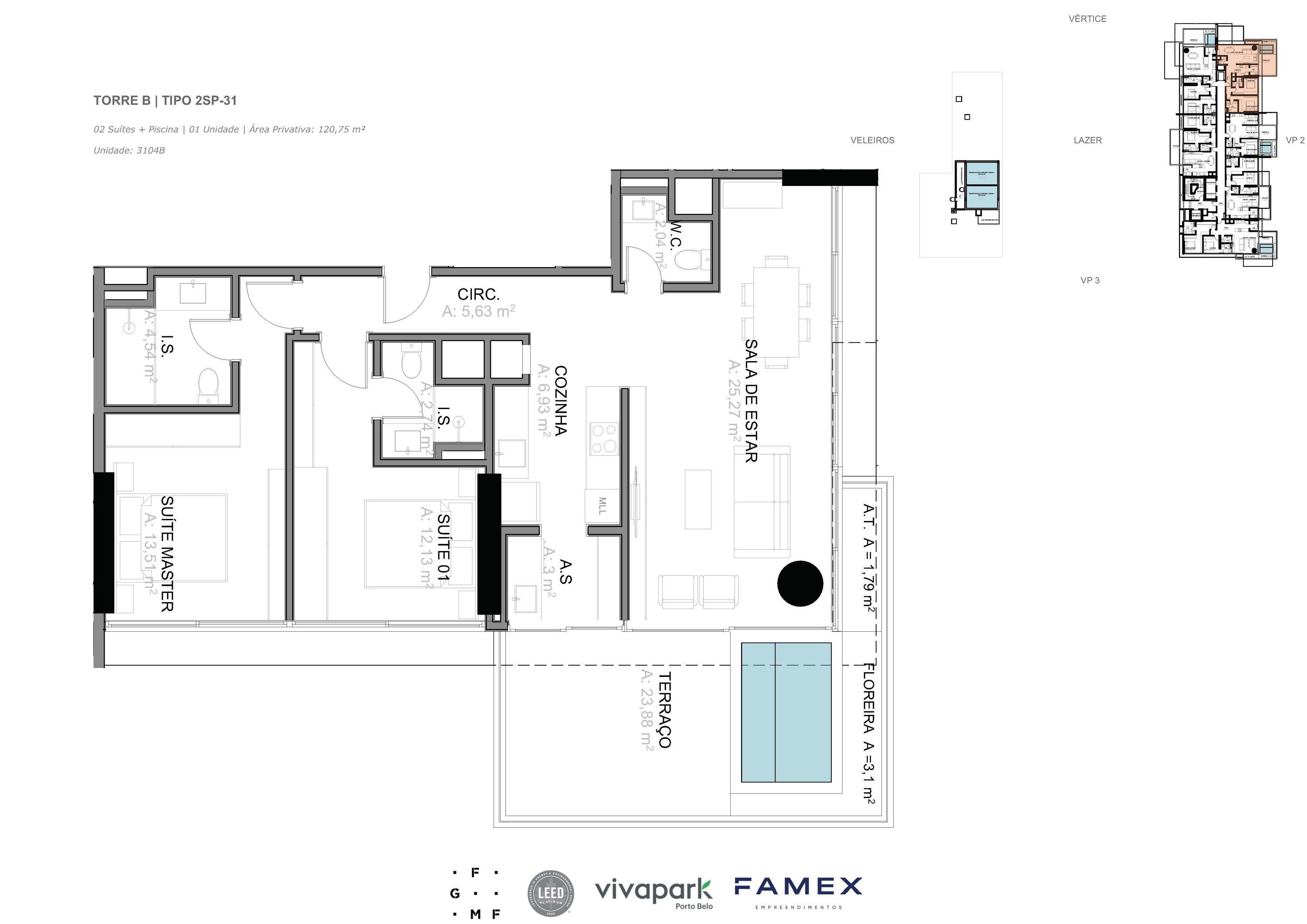 Torre B · Tipo 2SP-31 · 02 Suítes + Piscina · 120,75 m²