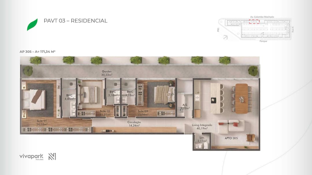 Embasamento · Apto 305 · planta humanizada · Vision · Vivapark Porto Belo