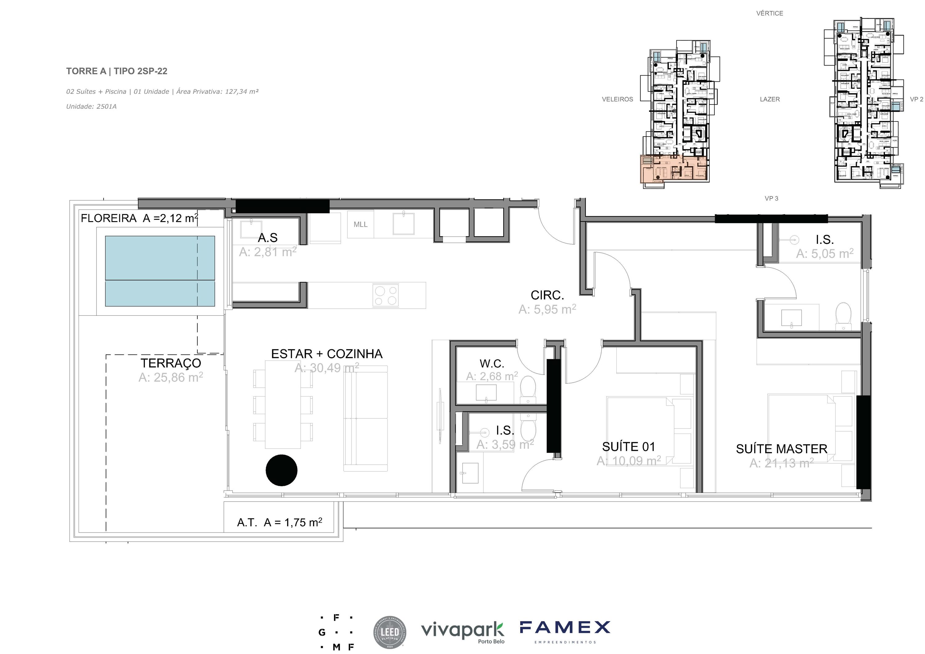 Torre A · Tipo 2SP-22 · 02 Suítes + Piscina · 127,34 m²