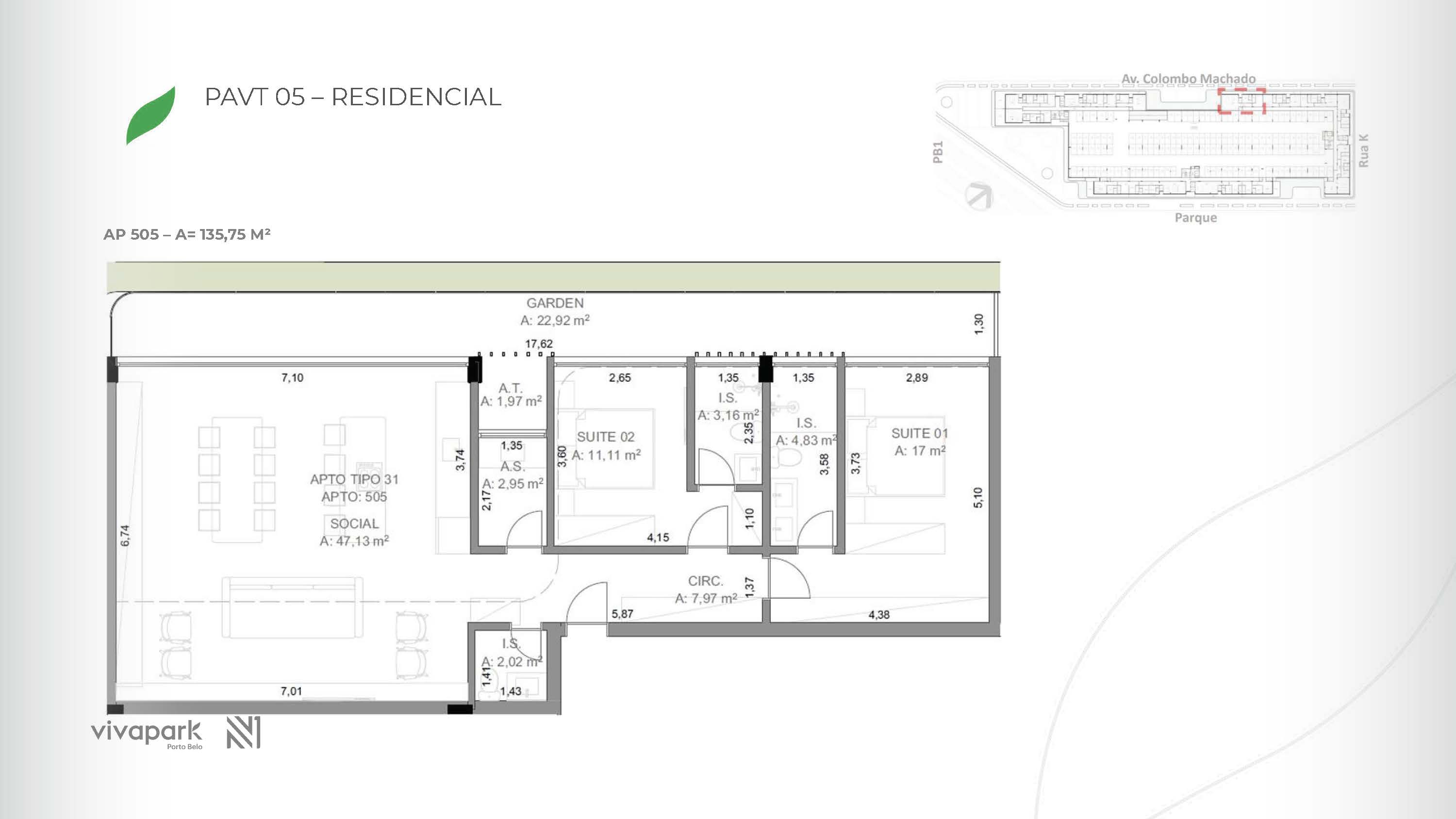 Base · Apt 505 · technical floor plan · Vision · Vivapark Porto Belo