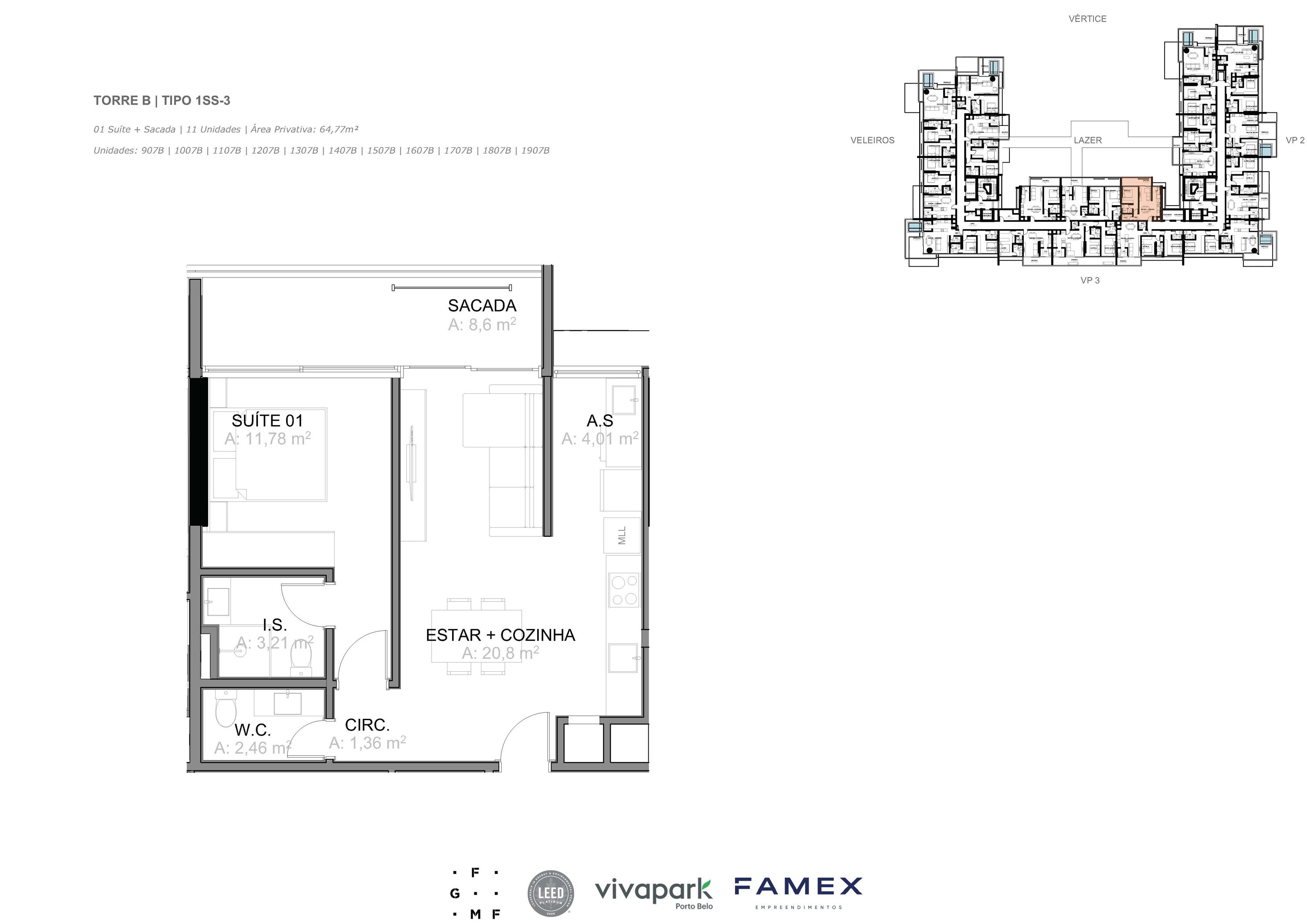 Torre B · Tipo 1SS-3 · 01 Suíte + Sacada · 64,77 m² · VITTA 27 · Vivapark Porto Belo