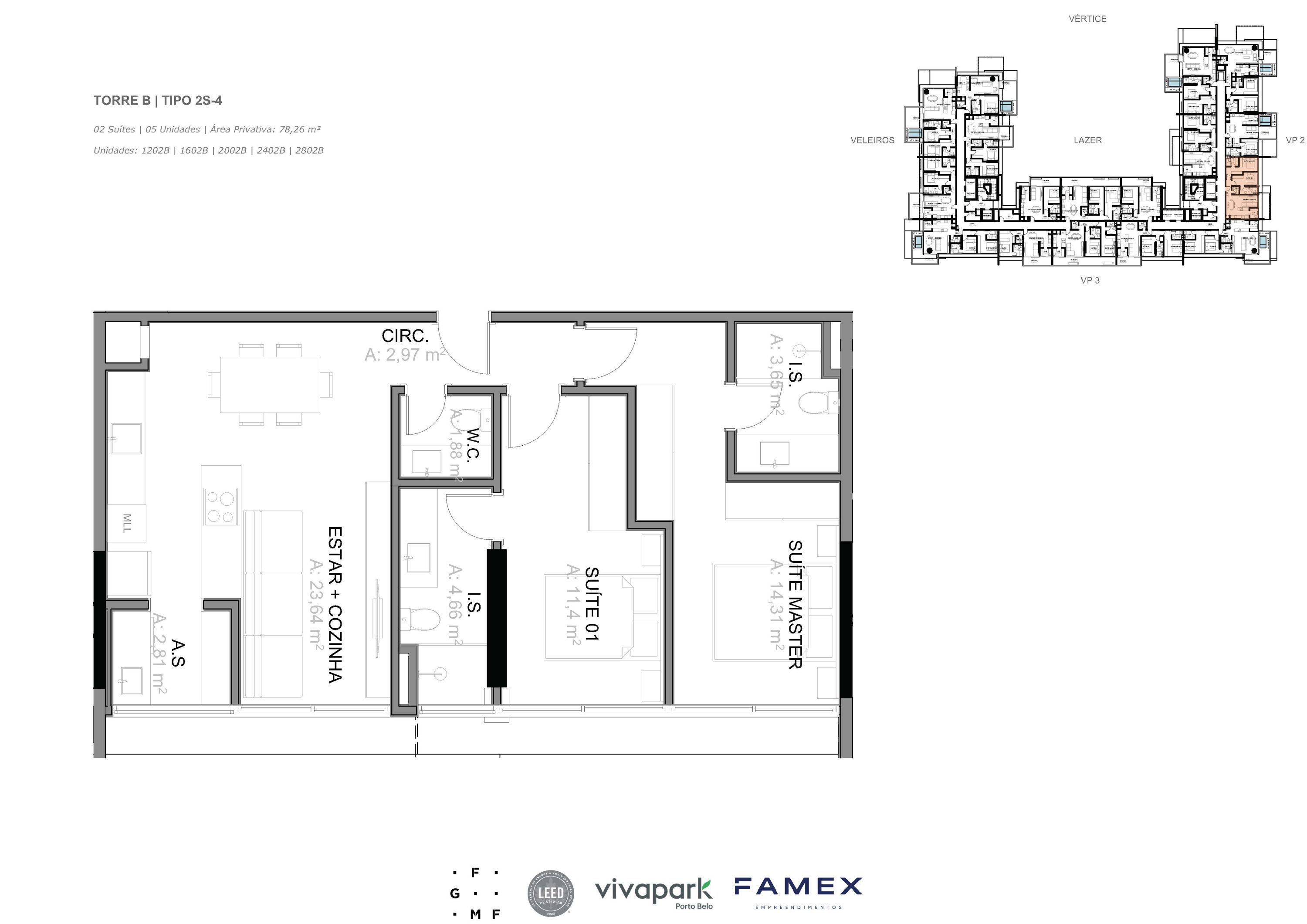 Torre B · Tipo 2S-4 · 02 Suítes · 78,26 m² · VITTA 27 · Vivapark Porto Belo