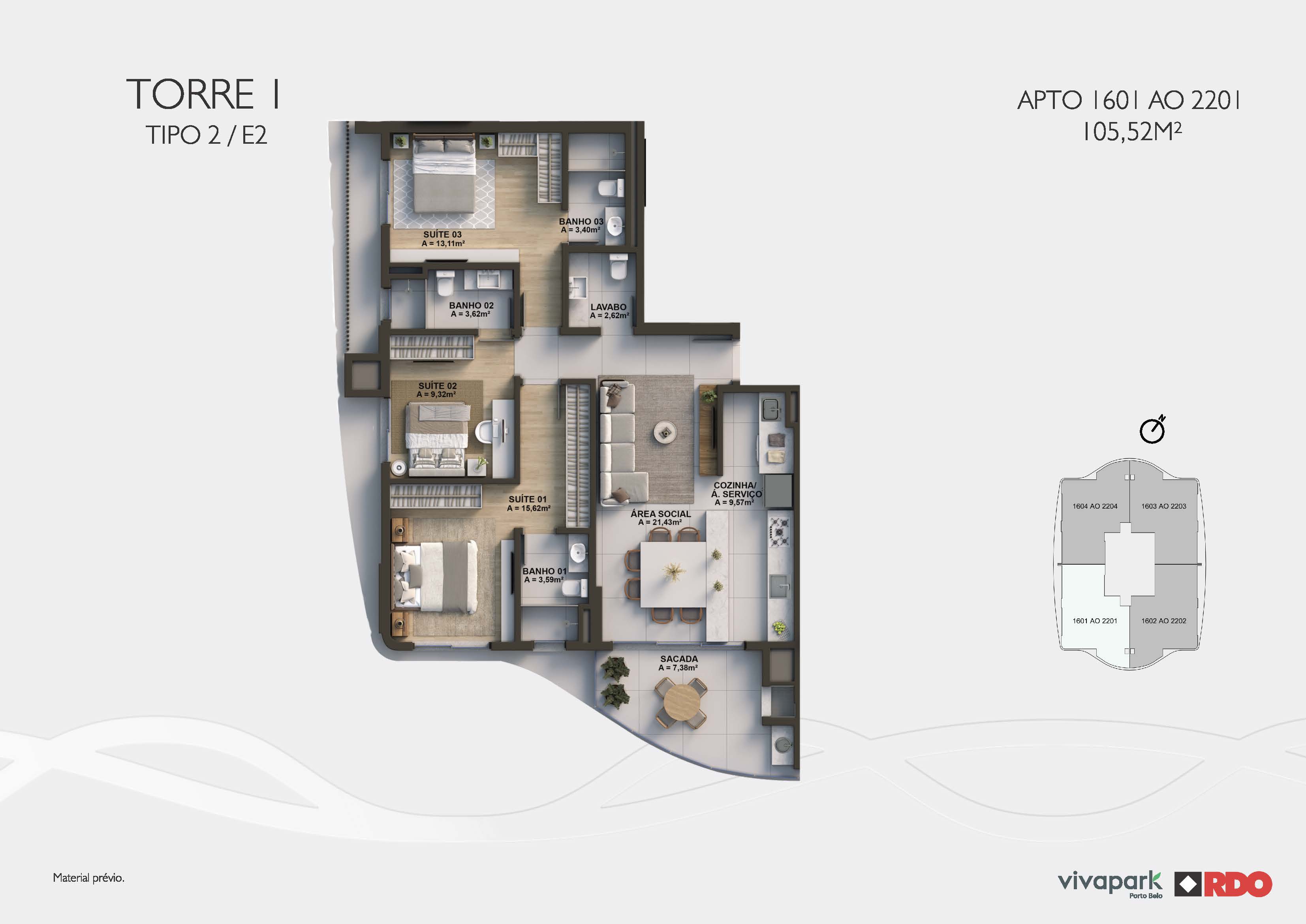 Torre 1 · Tipo 2 E2 · 1601 ao 2201 · 105,52 m²